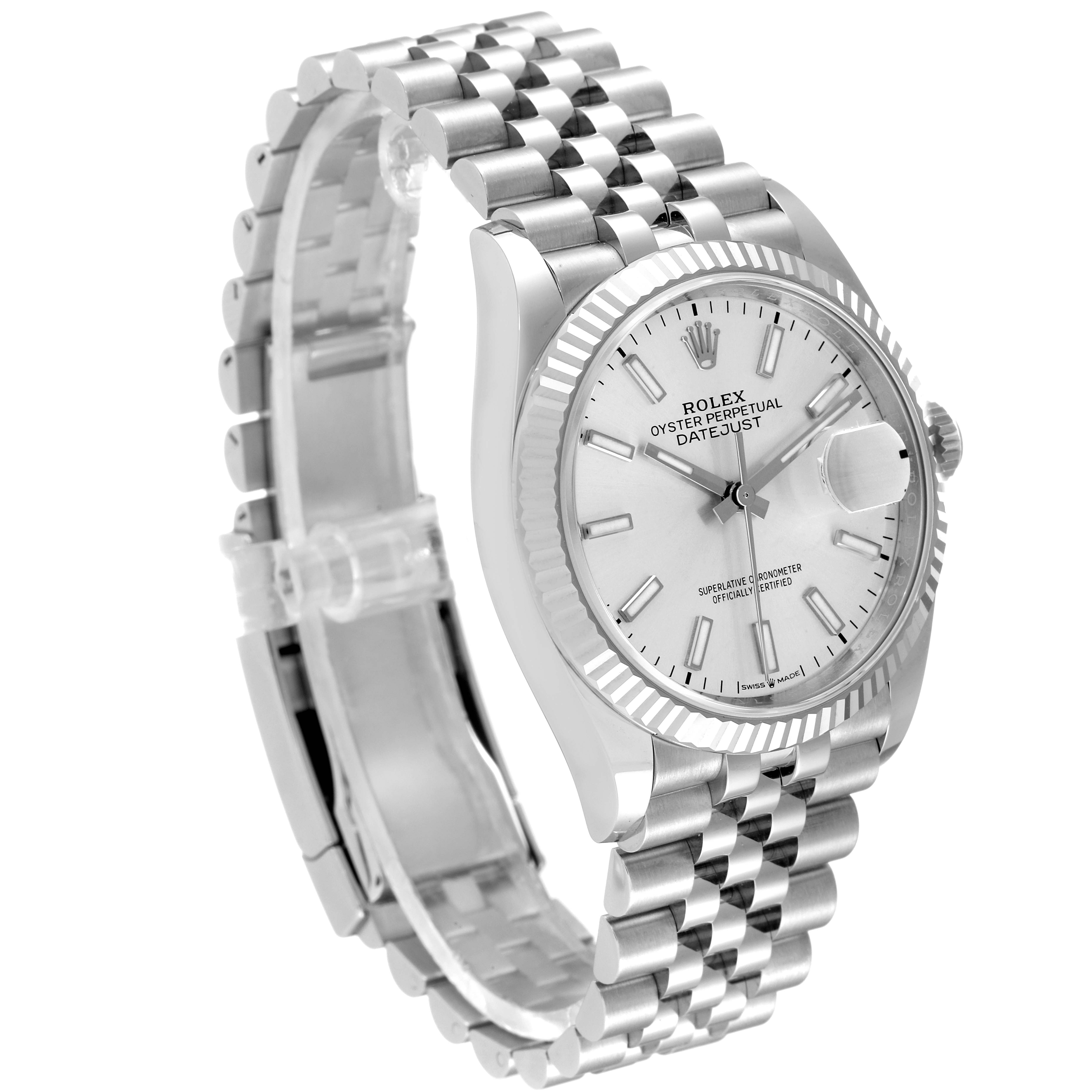 The Rolex Datejust 126234 Men's Stainless Steel Silver Dial 126234 Men's Stainless Steel Silver Dial watch is shown at a three-quarter angle, highlighting its face, bezel, and Jubilee bracelet.