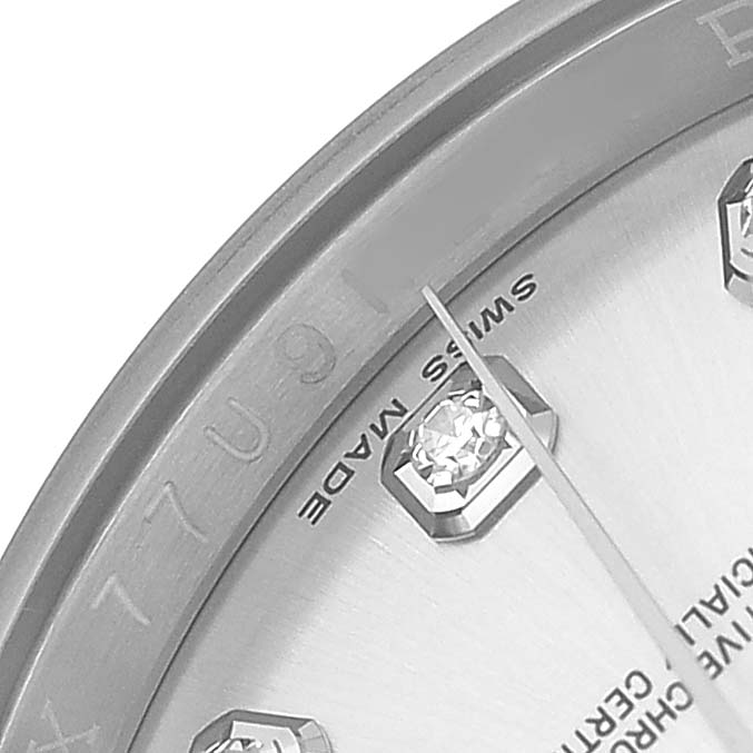 The image shows a close-up of the Rolex Datejust 116234 Men's Stainless Steel Silver Dial watch face with diamond hour markers and part of the bezel.