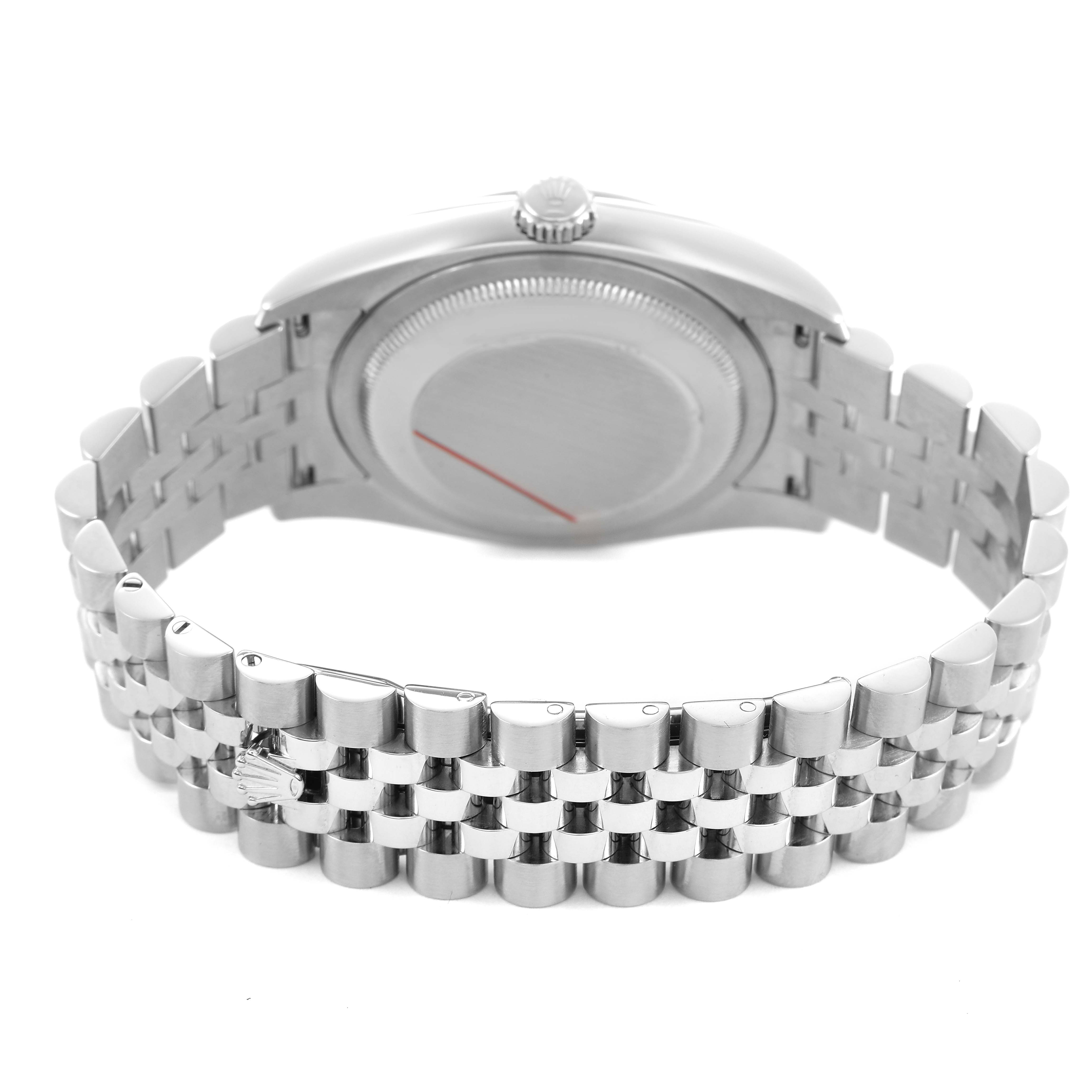 The image shows the back of a Rolex Datejust 116234 Men's Stainless Steel Silver Dial, highlighting the case back, crown, and Jubilee bracelet.