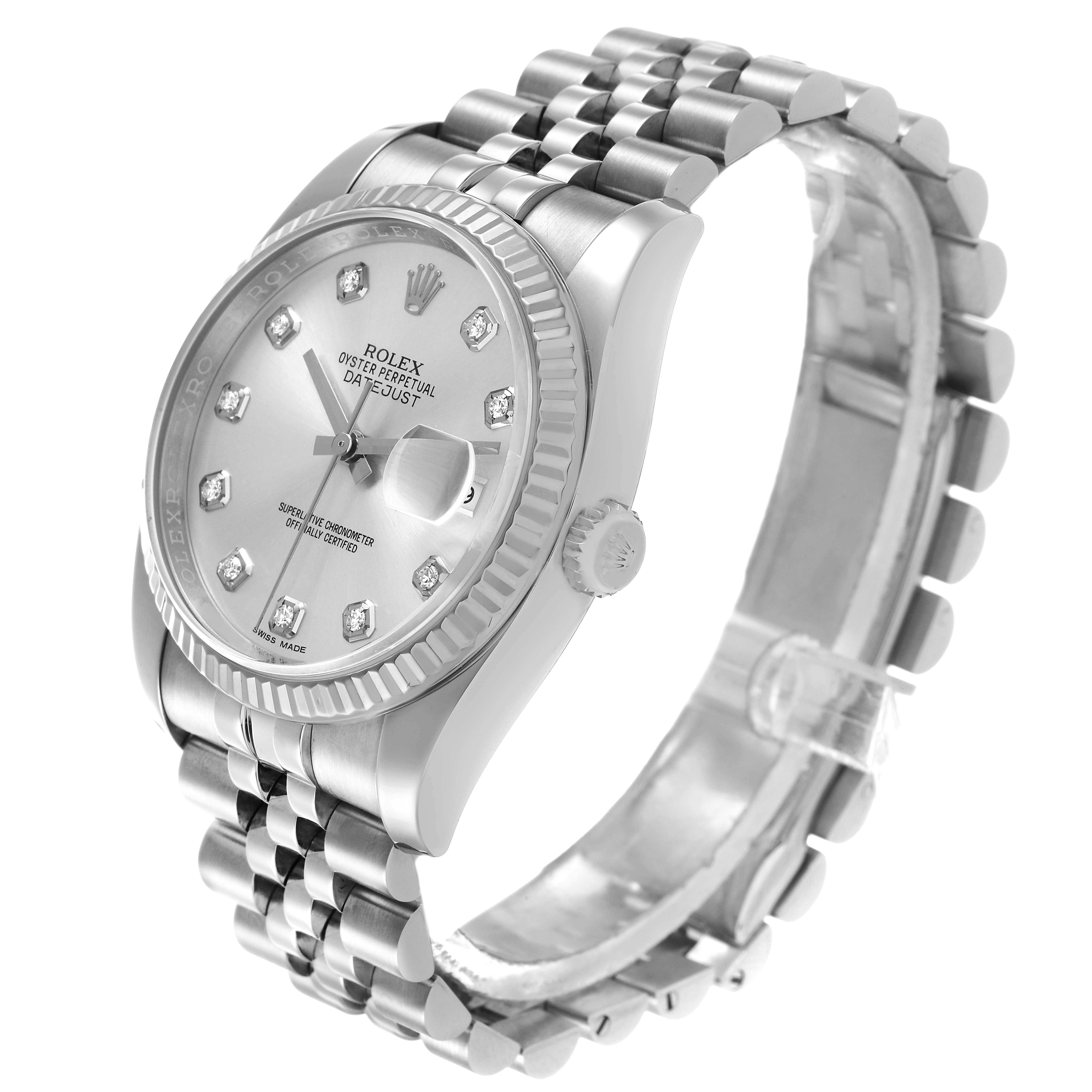 The Rolex Datejust 116234 Men's Stainless Steel Silver Dial watch is shown from a three-quarter angle, highlighting its face, bezel, crown, and Jubilee bracelet.