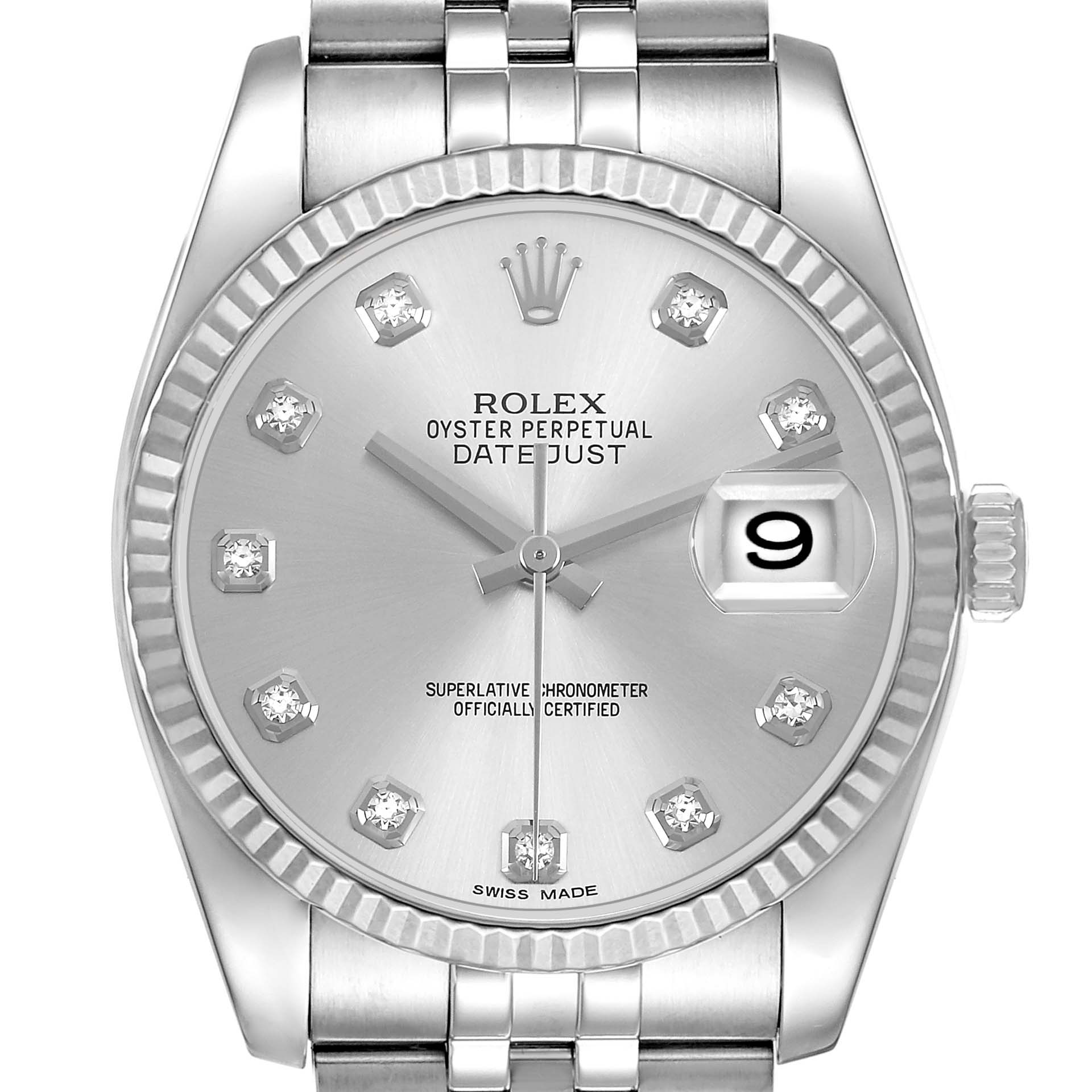 The Rolex Datejust 116234 Men's Stainless Steel Silver Dial watch is shown from the front, displaying its dial, bezel, crown, and part of the bracelet.