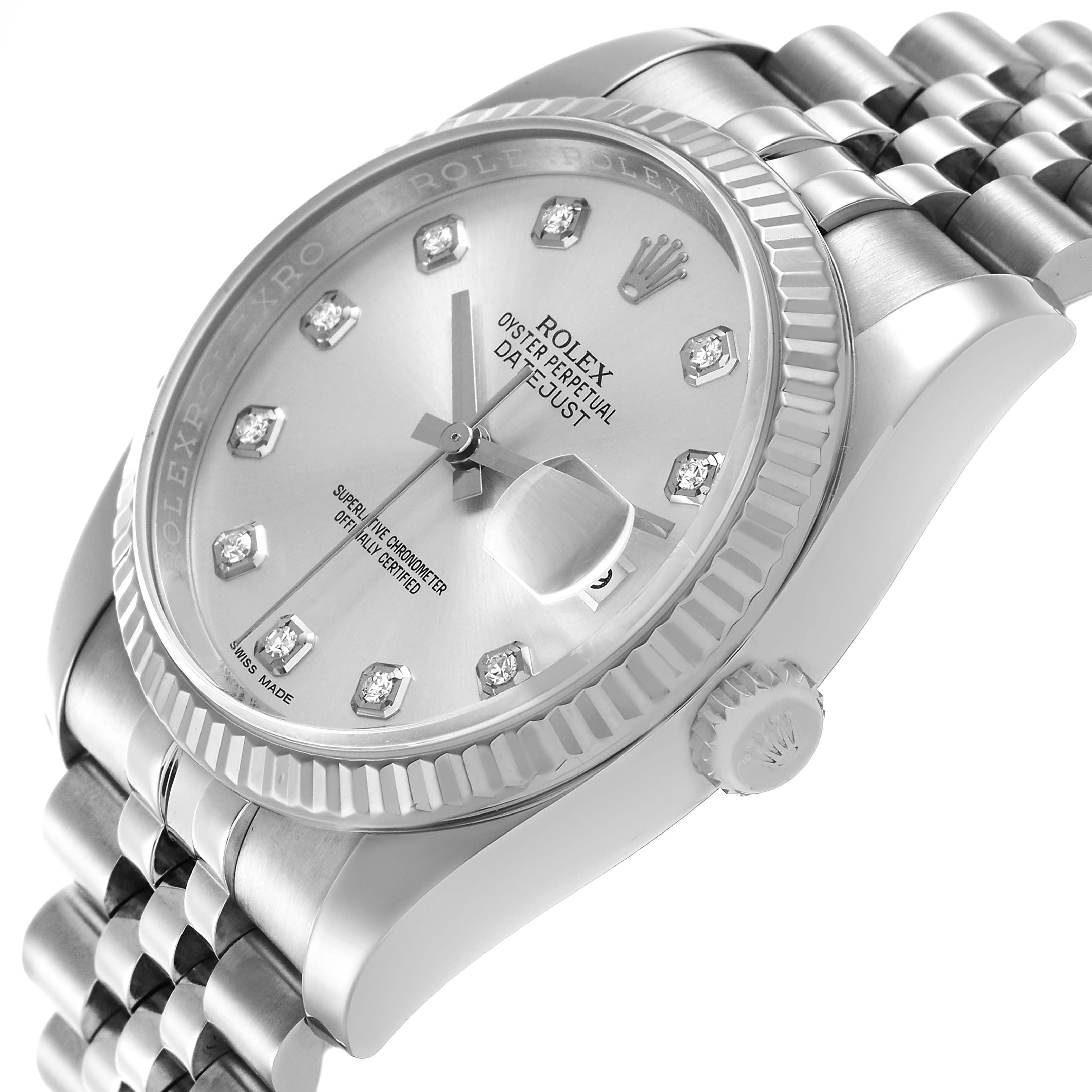 The Rolex Datejust 116234 Men's Stainless Steel Silver Dial watch is shown at an angle highlighting the dial, crown, and Jubilee bracelet.