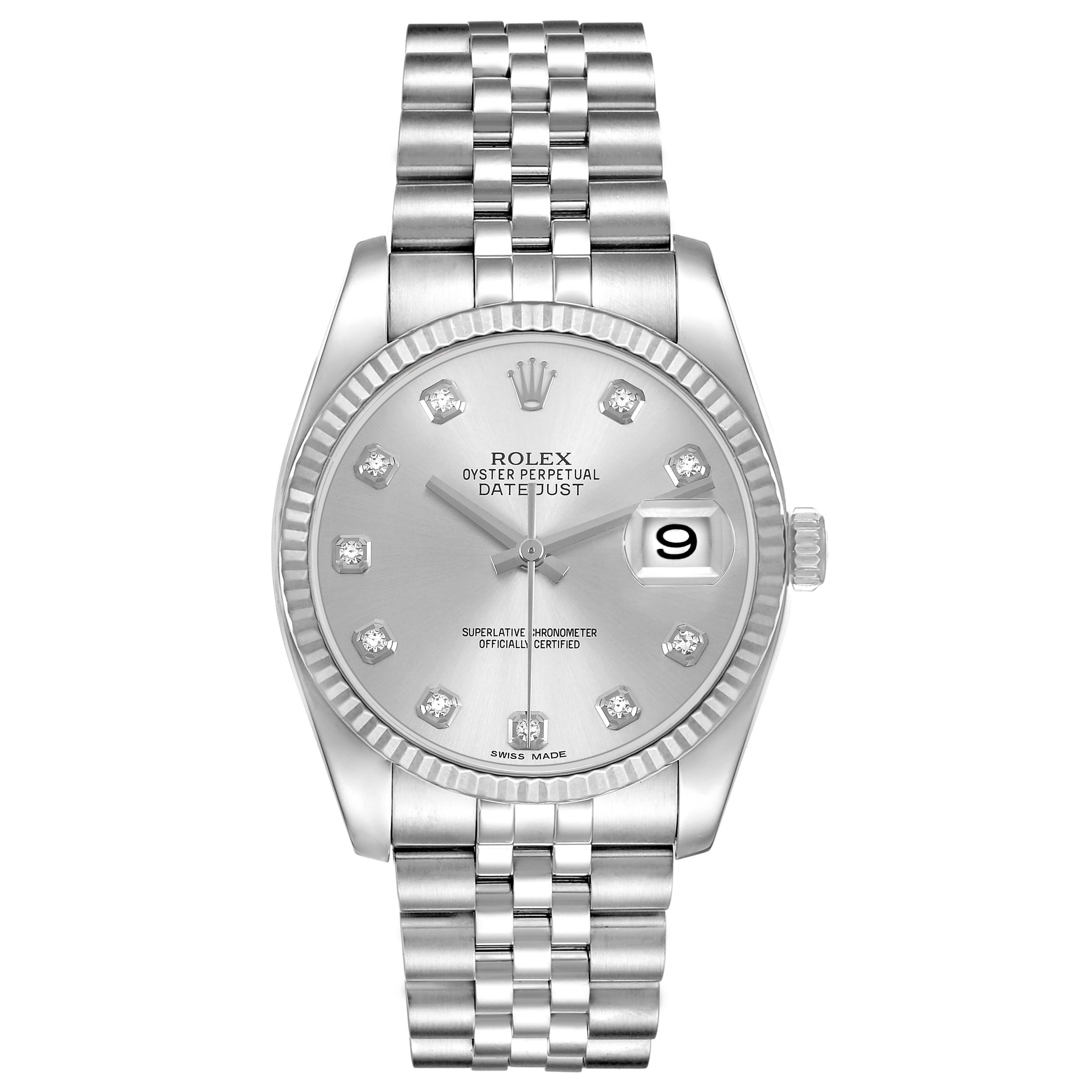 The Rolex Datejust 116234 Men's Stainless Steel Silver Dial watch is shown from a top-down angle, highlighting its face, bezel, and bracelet.
