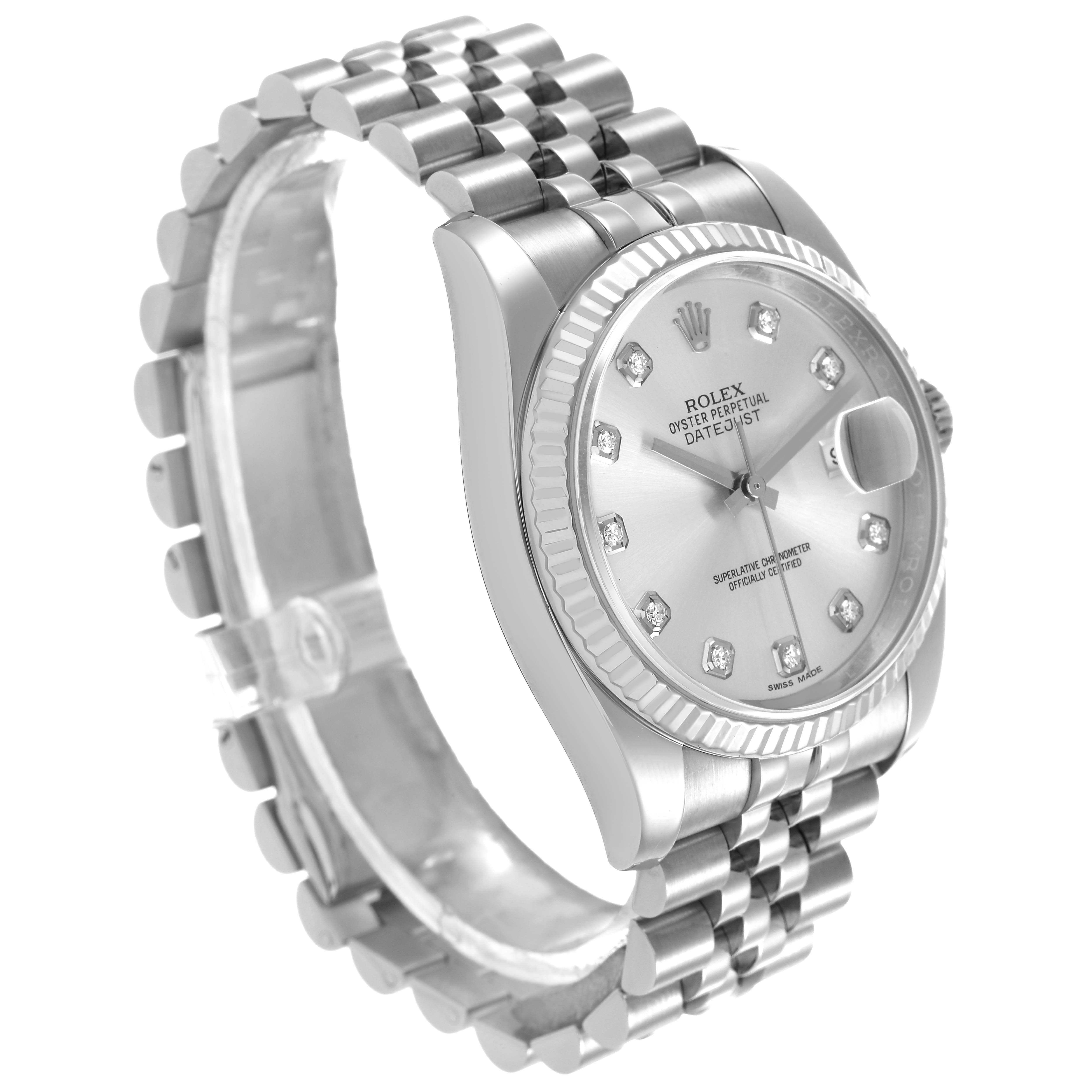 The Rolex Datejust 116234 Men's Stainless Steel Silver Dial watch is shown at a high angle, highlighting the face, bezel, and bracelet with clarity.