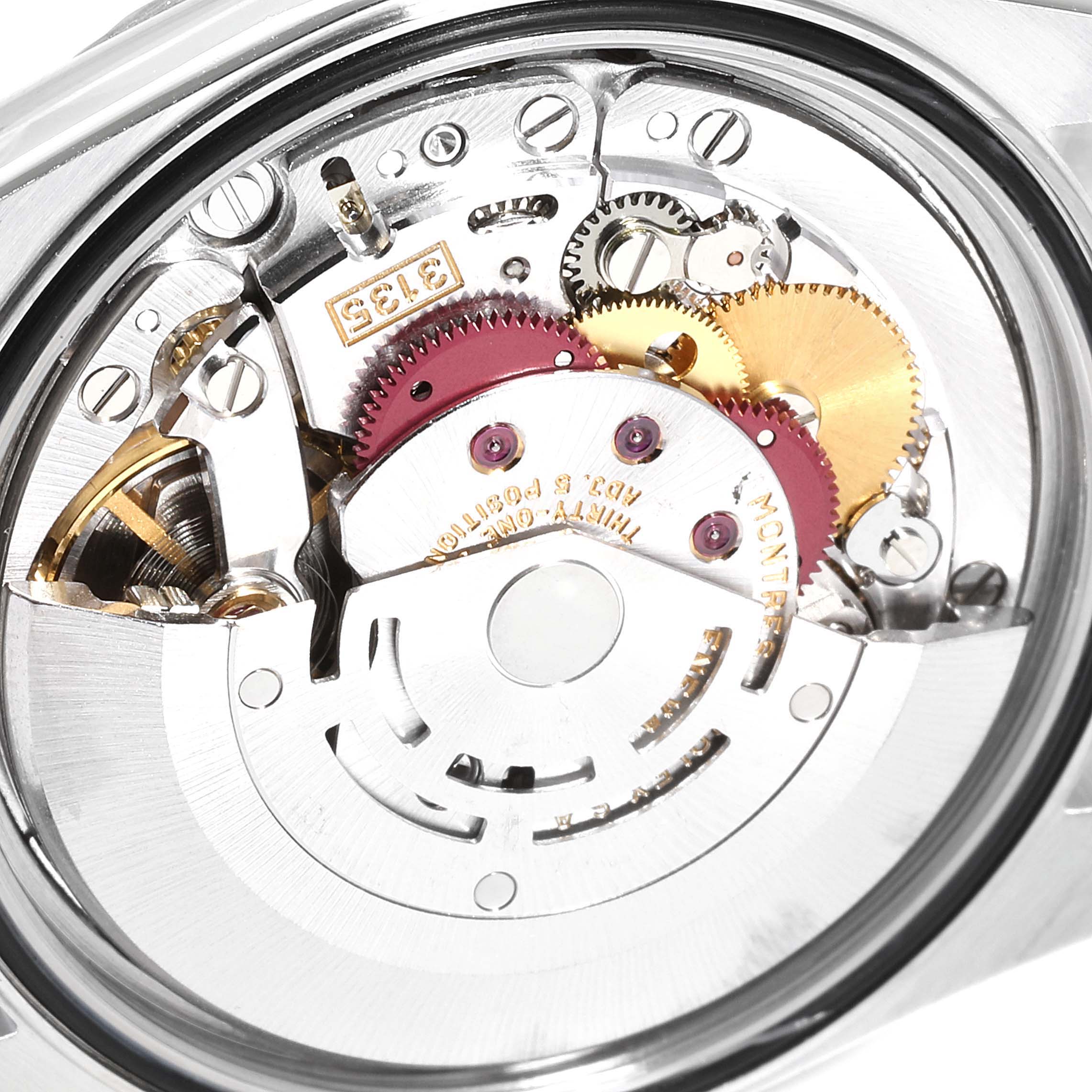 Shown is a close-up view of the movement mechanism inside a Rolex Datejust 16234 Men's Stainless Steel Silver Dial 16234 Men's Stainless Steel Silver Dial watch.