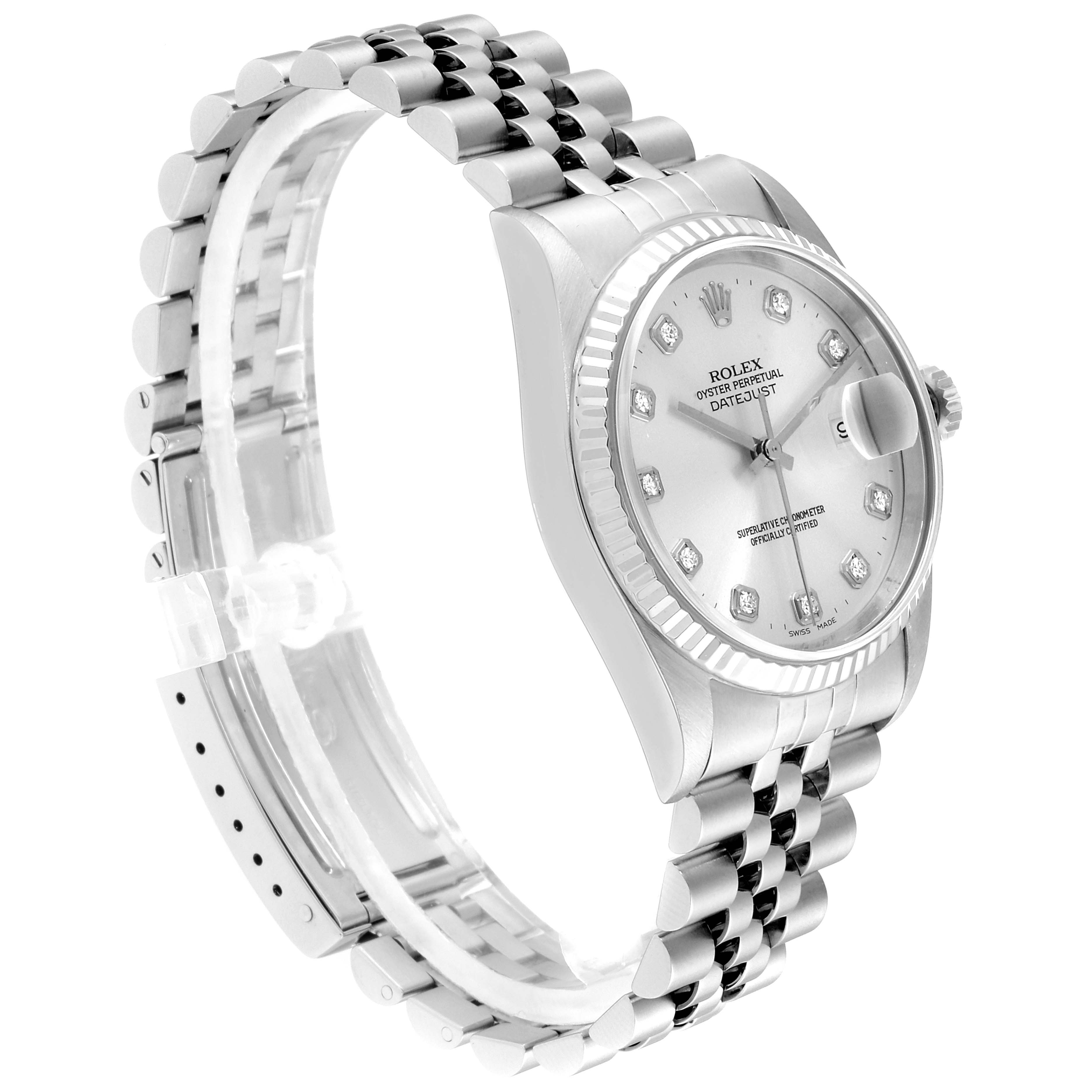 The image shows a side-angled view of a Rolex Datejust 16234 Men's Stainless Steel Silver Dial 16234 Men's Stainless Steel Silver Dial watch, highlighting its bracelet, dial, and fluted bezel.