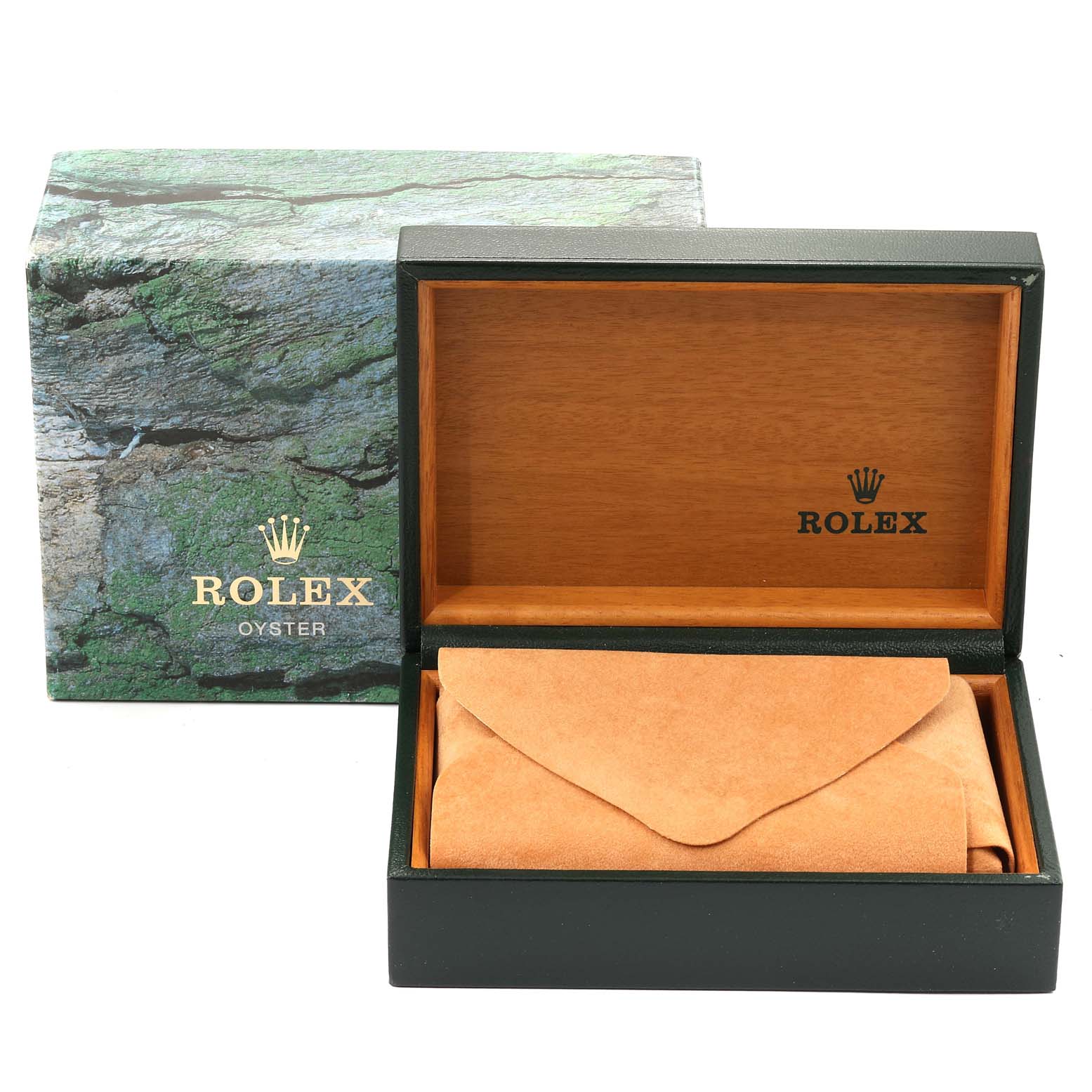 This image shows a Rolex Datejust 16234 Men's Stainless Steel Silver Dial 16234 Men's Stainless Steel Silver Dial watch's opened presentation box with the watch pouch inside and the outer packaging in the background.