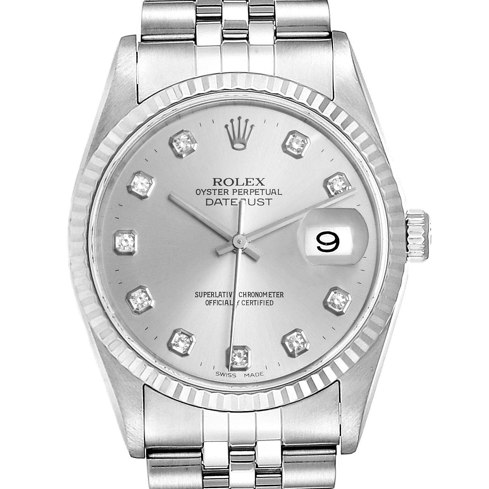 This is a front view of a Rolex Datejust 16234 Men's Stainless Steel Silver Dial 16234 Men's Stainless Steel Silver Dial watch showcasing its dial, bezel, and part of the bracelet.