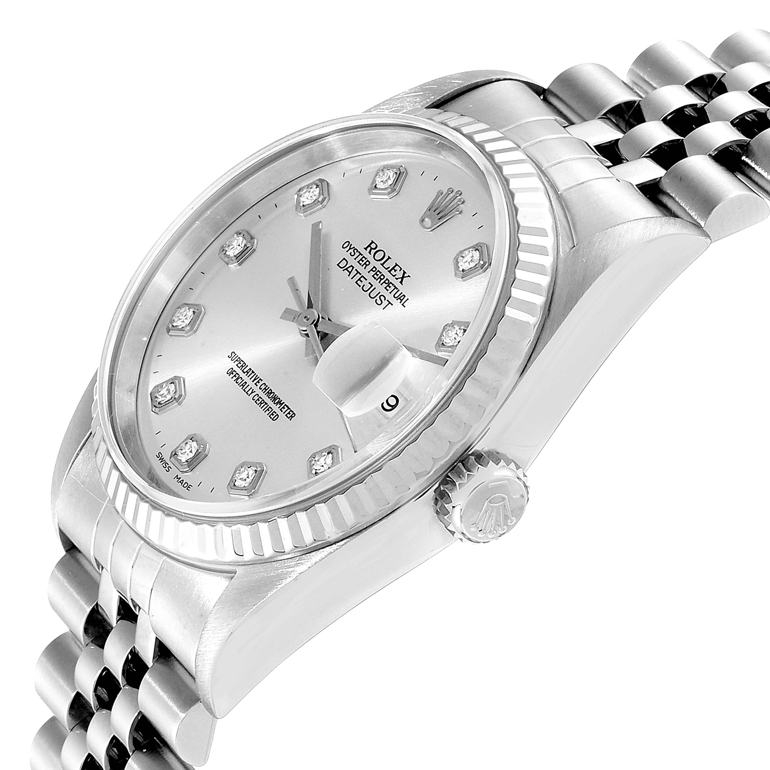 This Rolex Datejust 16234 Men's Stainless Steel Silver Dial 16234 Men's Stainless Steel Silver Dial watch is shown at an angle highlighting the dial, bezel, crown, and partial bracelet.
