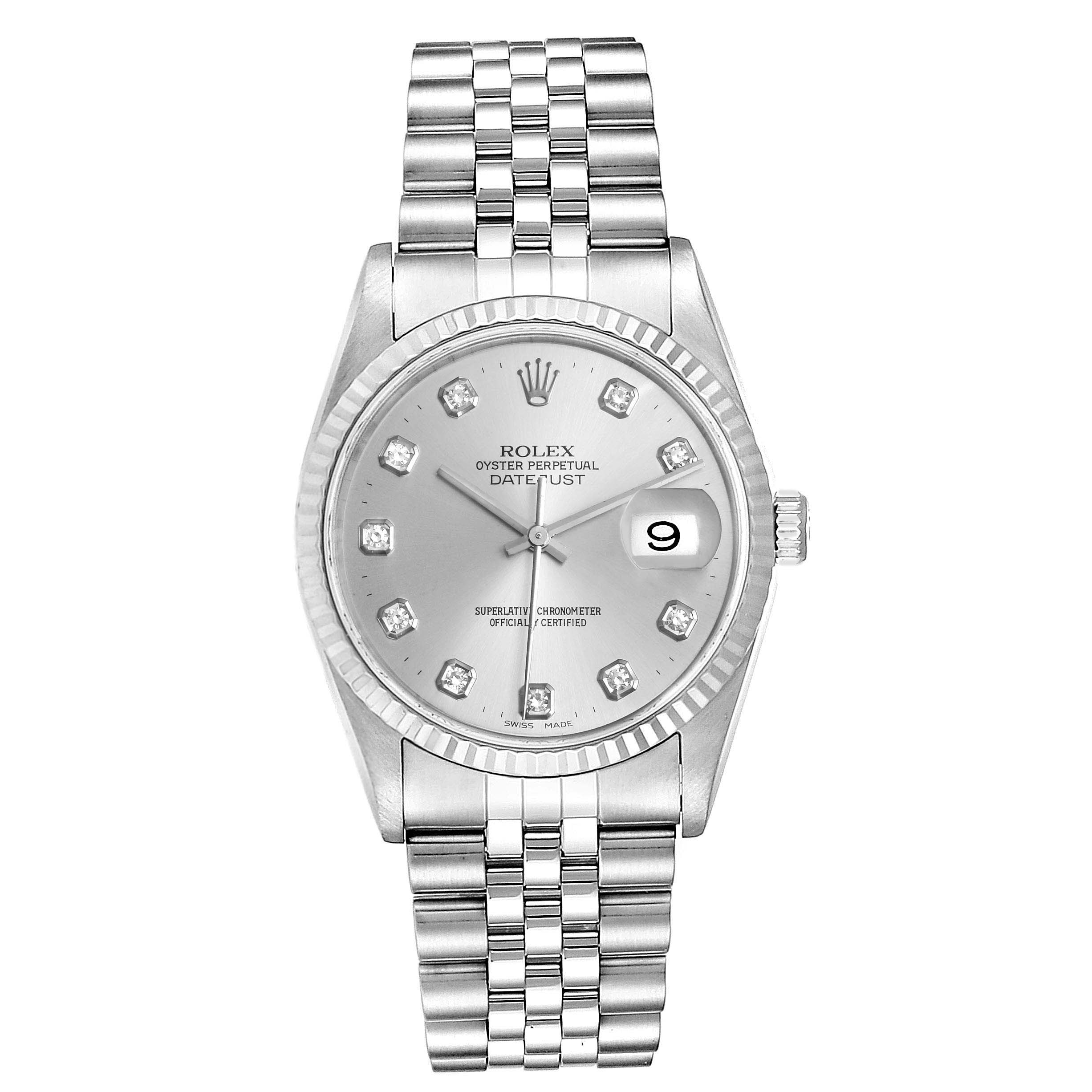 This image shows a front view of the Rolex Datejust 16234 Men's Stainless Steel Silver Dial 16234 Men's Stainless Steel Silver Dial watch, displaying its silver dial, date window, and metal bracelet.