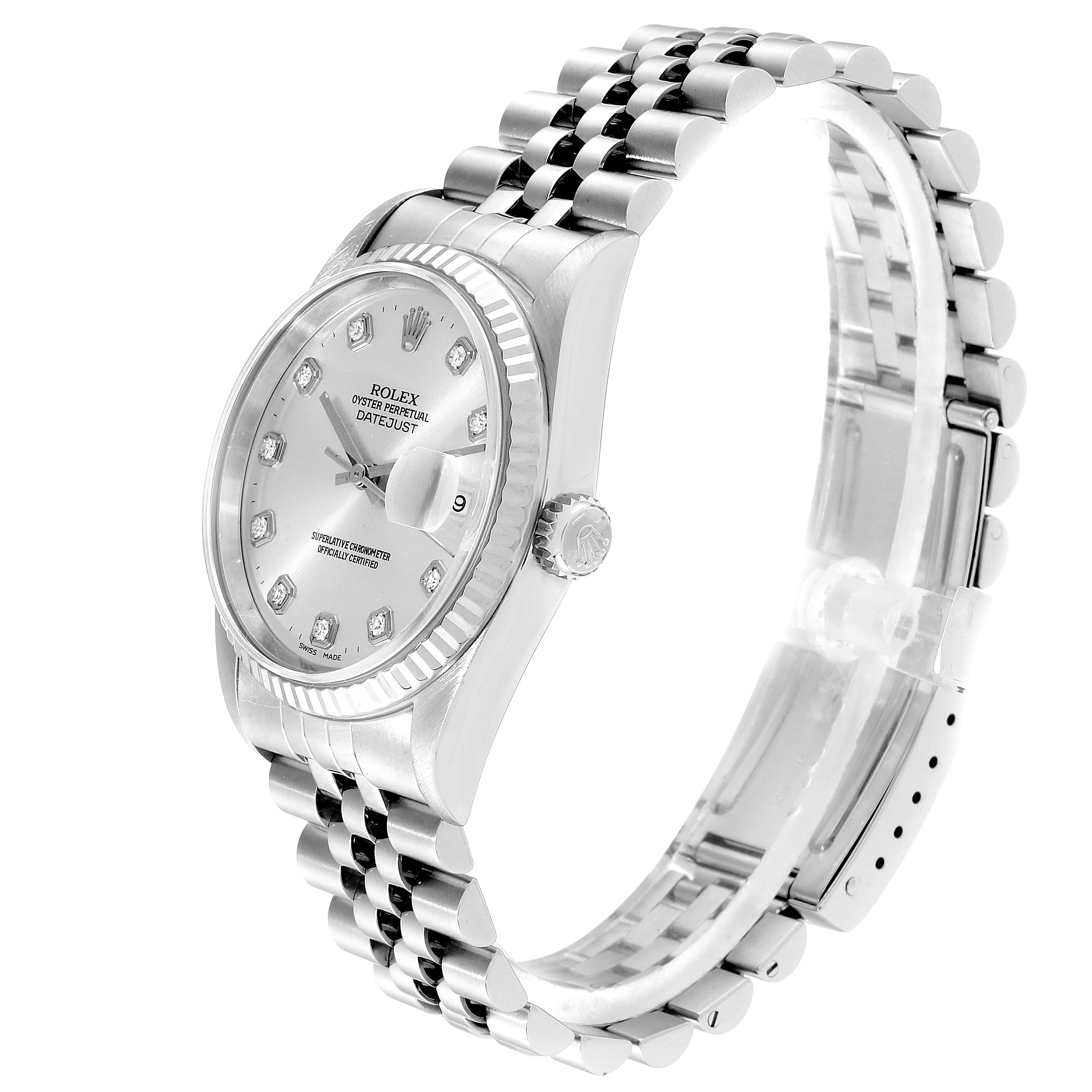 This image shows a side angle of the Rolex Datejust 16234 Men's Stainless Steel Silver Dial 16234 Men's Stainless Steel Silver Dial watch, highlighting its face, bezel, crown, and bracelet.