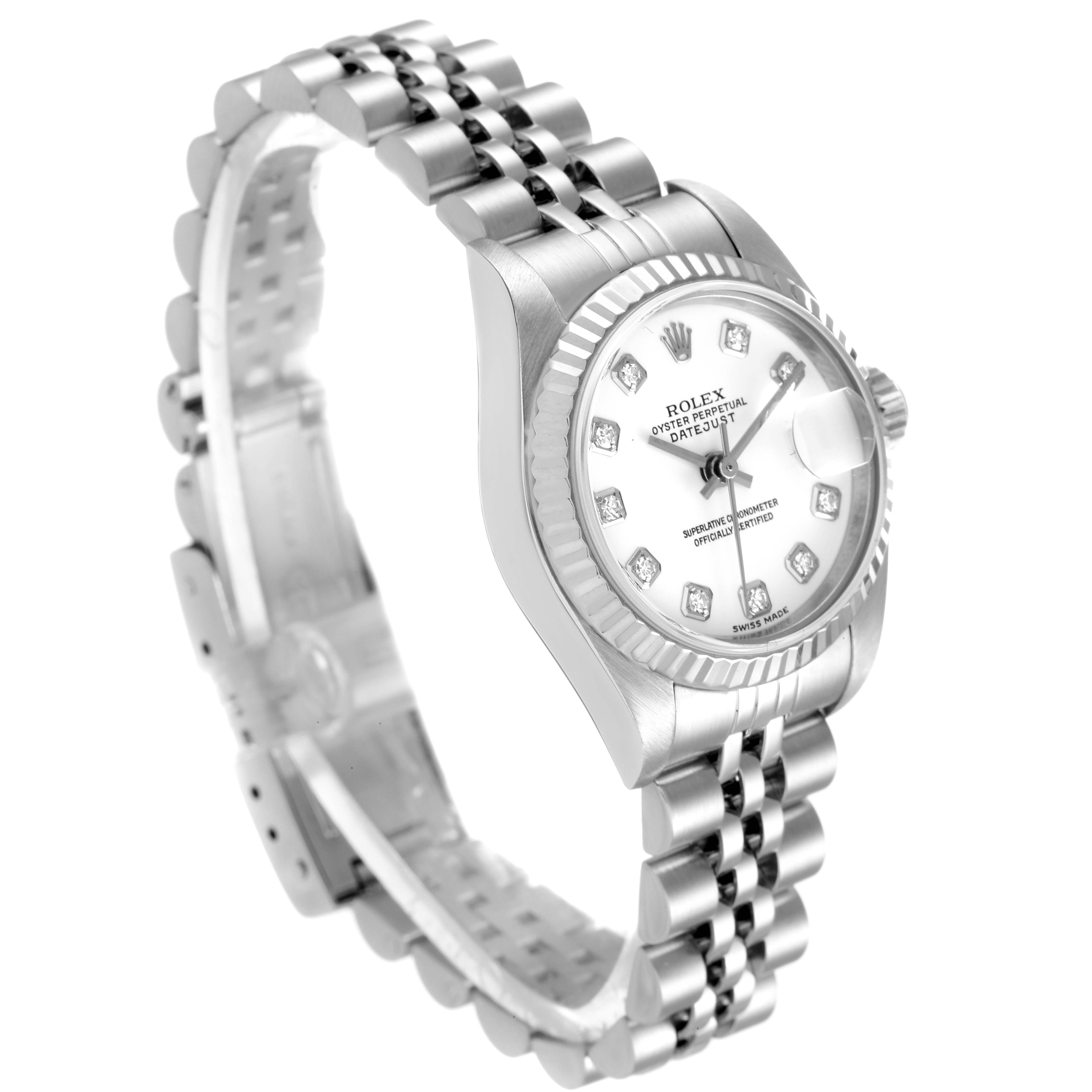 The Rolex Datejust 79174 Women
s Stainless Steel White Dial 79174 Women
s Stainless Steel White Dial watch is shown at an angled side view, highlighting its dial, bezel, and bracelet.