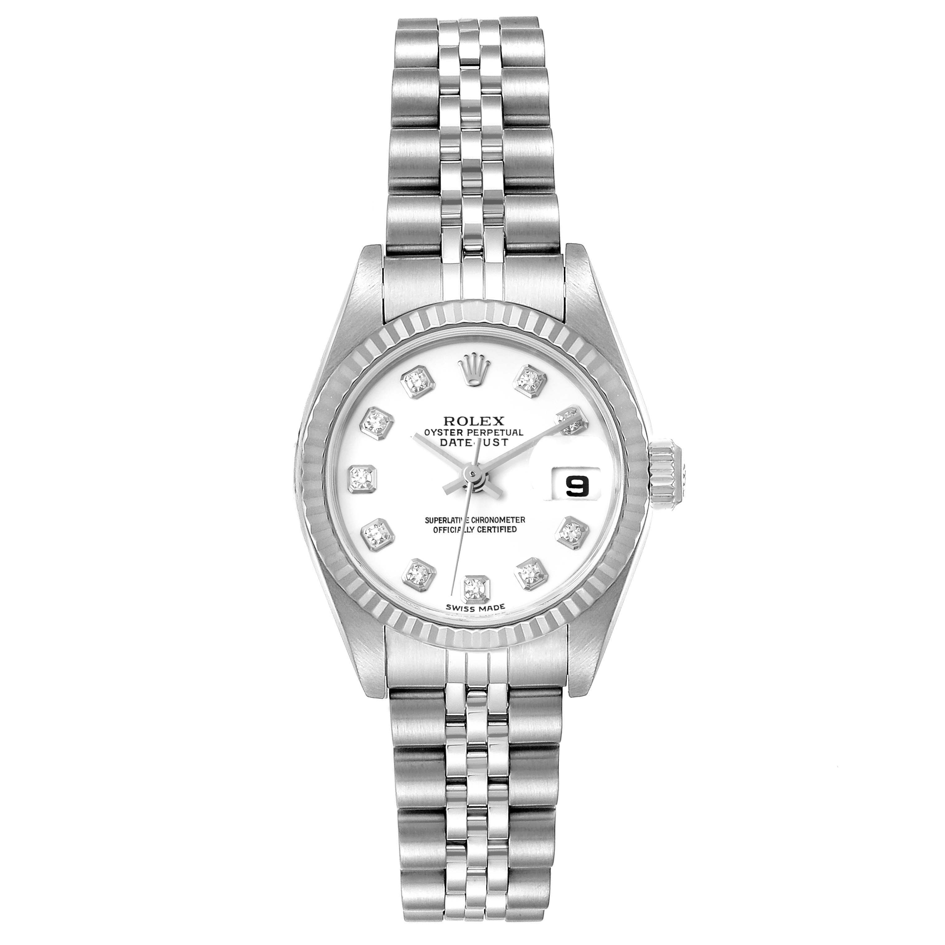 This image shows a frontal view of a Rolex Datejust 79174 Women
s Stainless Steel White Dial 79174 Women
s Stainless Steel White Dial watch, highlighting its face, bezel, and bracelet.