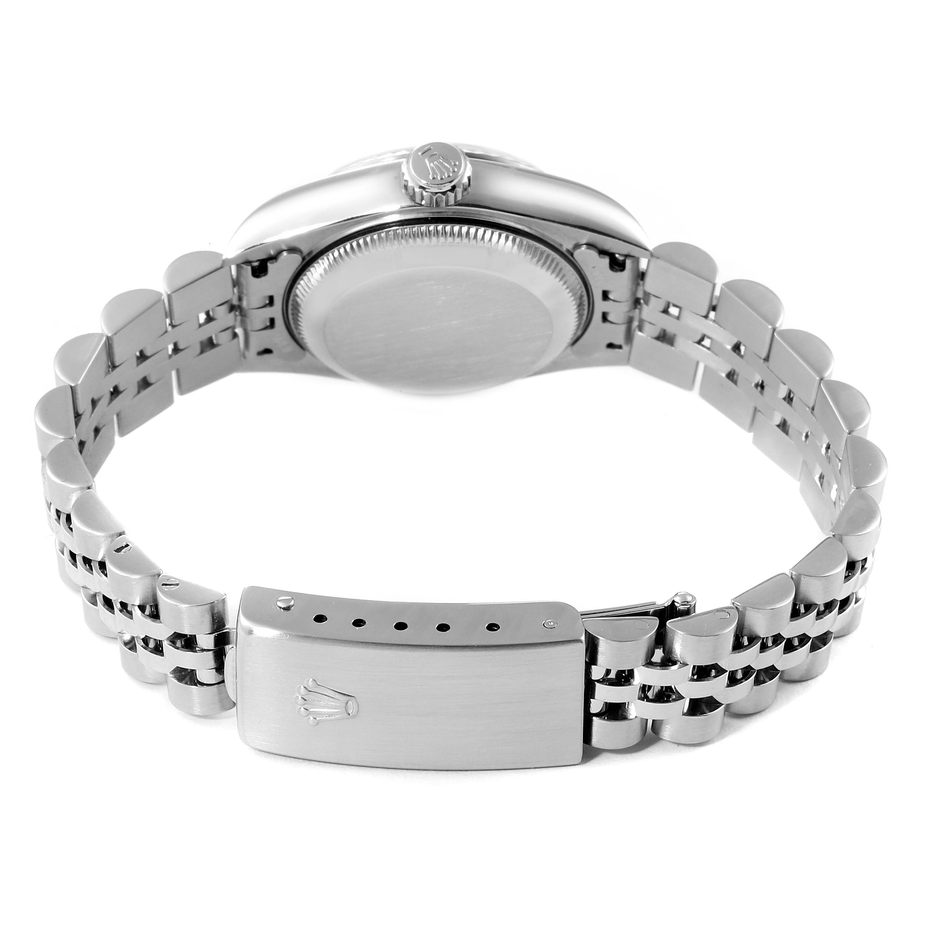 This image shows the back case and bracelet clasp of a Rolex Datejust 79174 Women
s Stainless Steel White Dial 79174 Women
s Stainless Steel White Dial watch from a rear angle.