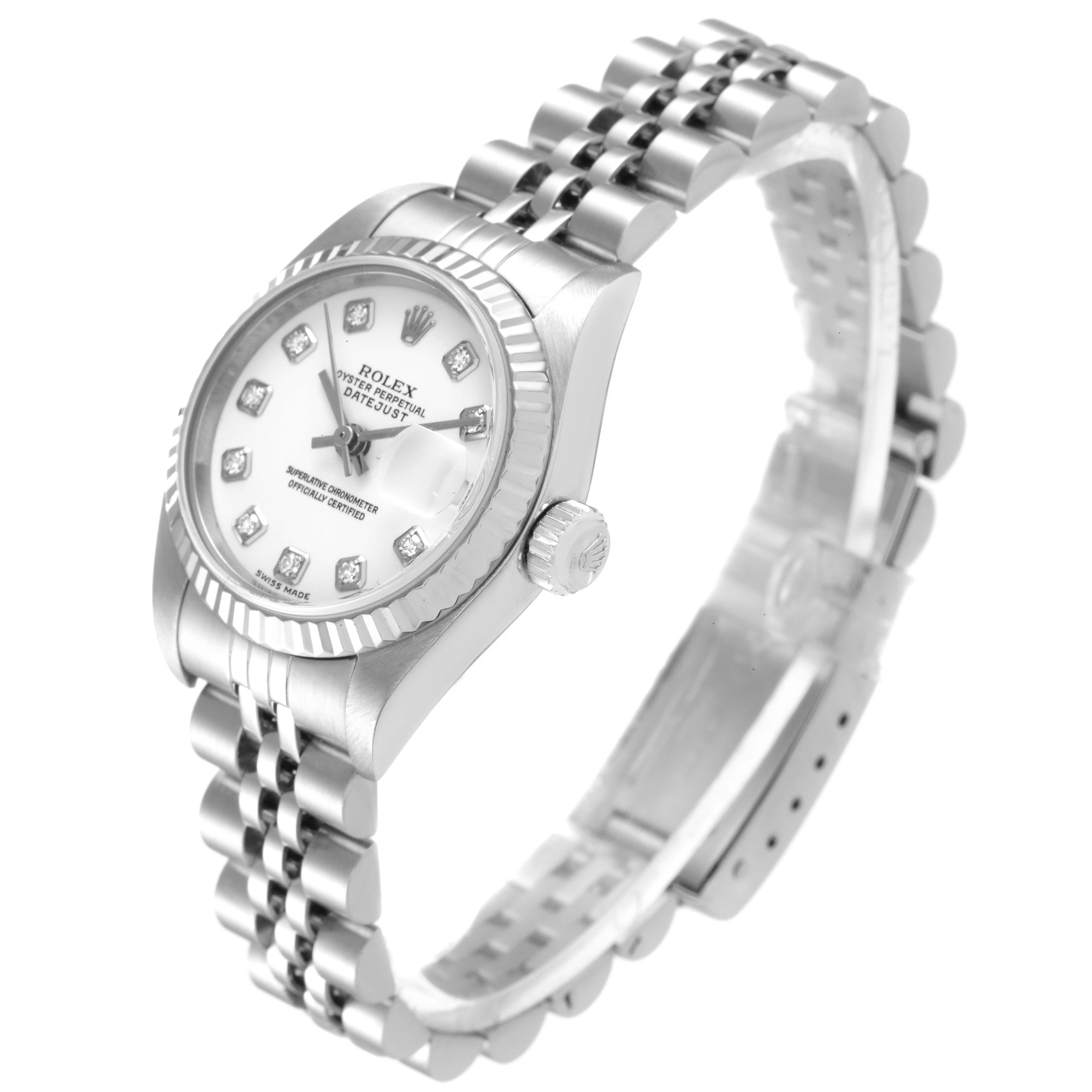 The image shows a Rolex Datejust 79174 Women
s Stainless Steel White Dial 79174 Women
s Stainless Steel White Dial watch at a slight angle, displaying the face, bezel, crown, and bracelet.