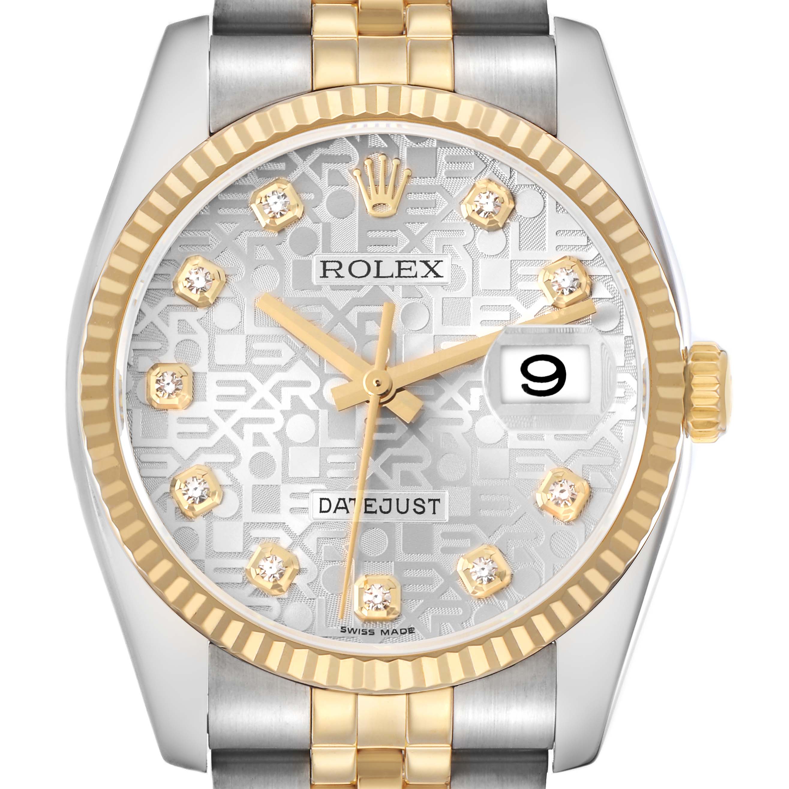The Rolex Datejust model 116233 is shown from a front angle, highlighting the dial, bezel, and part of the bracelet with gold accents.