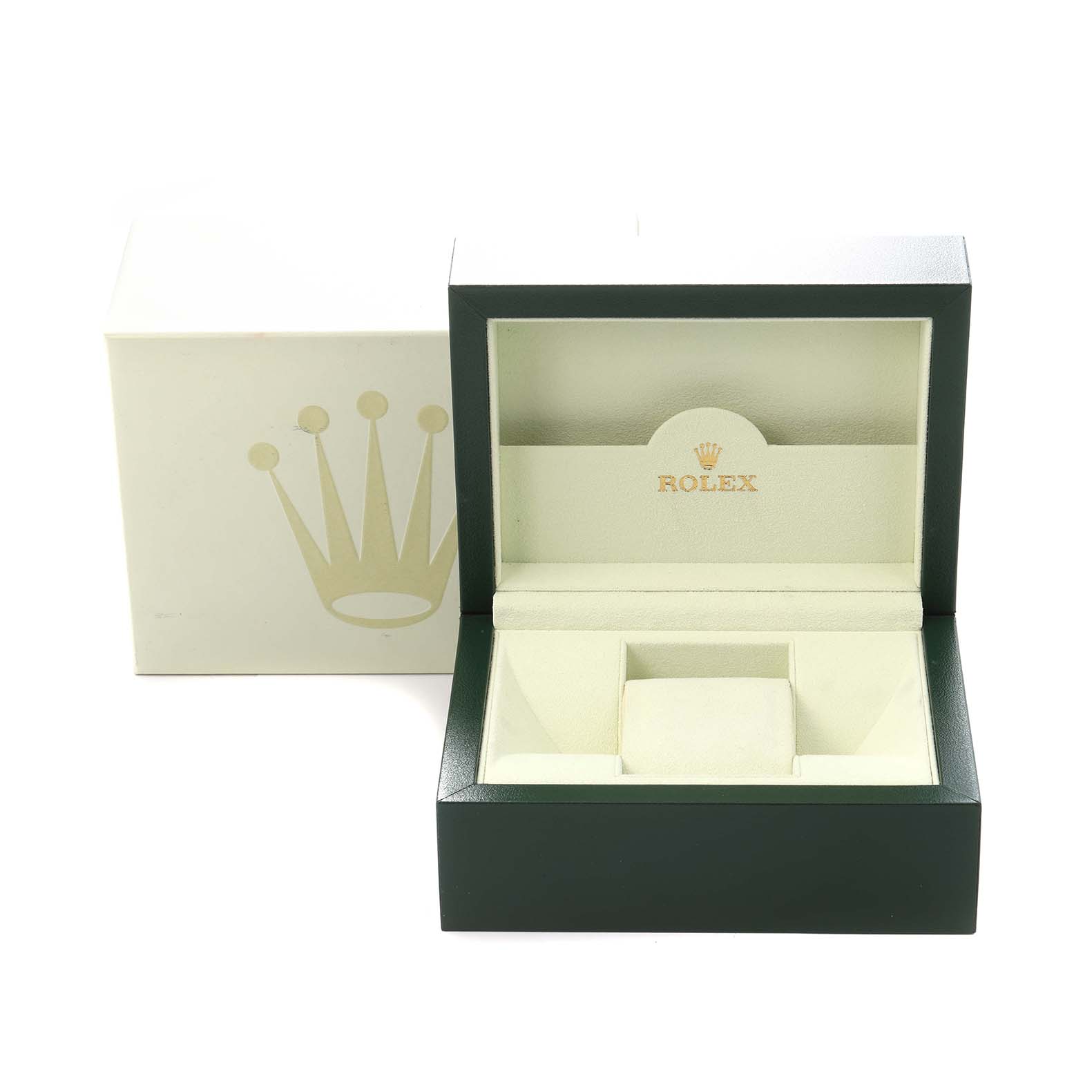 The image shows a Rolex watch box for a Datejust model, model number 116233, with its lid open and crown logo visible.