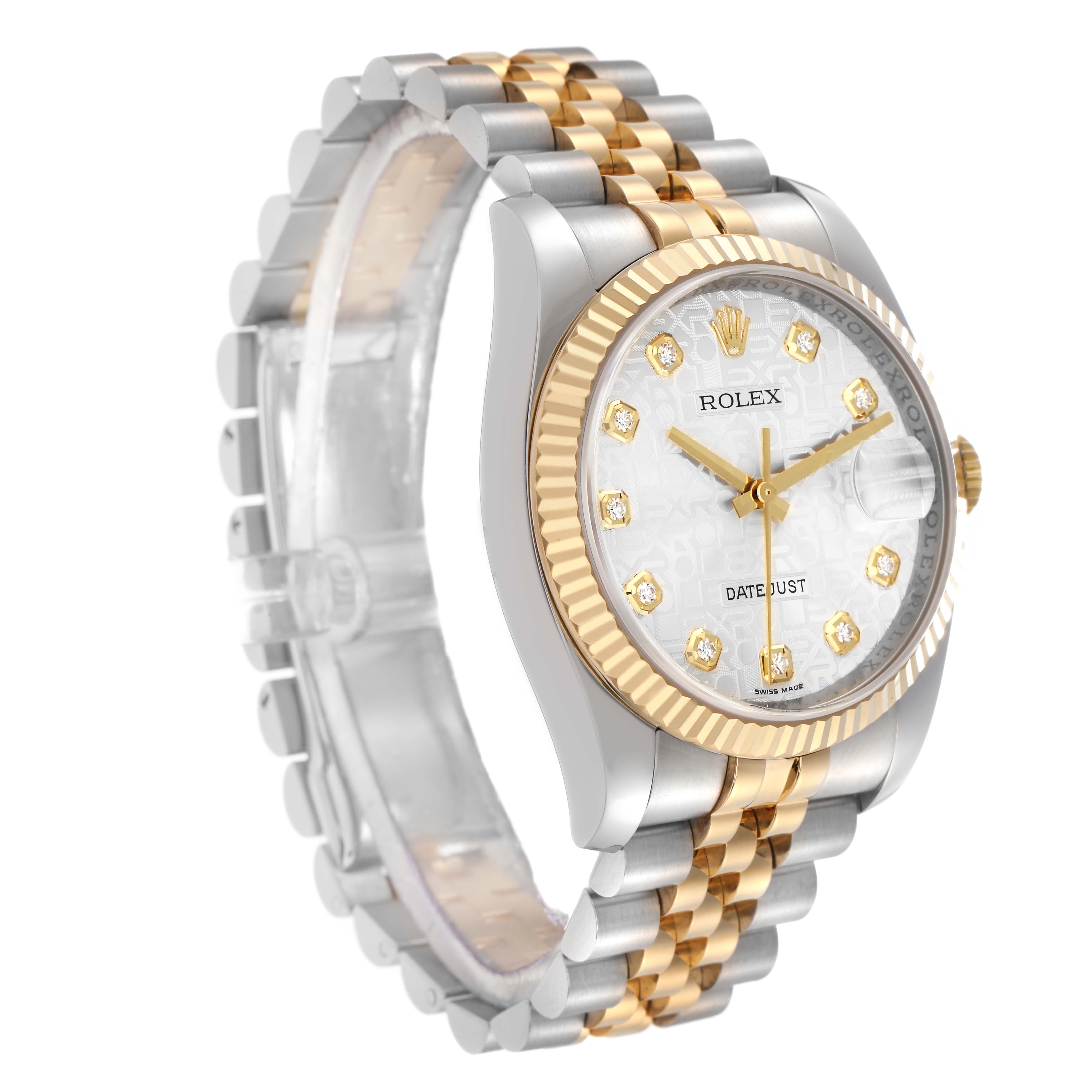 The Rolex Datejust model 116233 is shown at an oblique angle highlighting the gold fluted bezel, diamond markers, and two-tone jubilee bracelet.