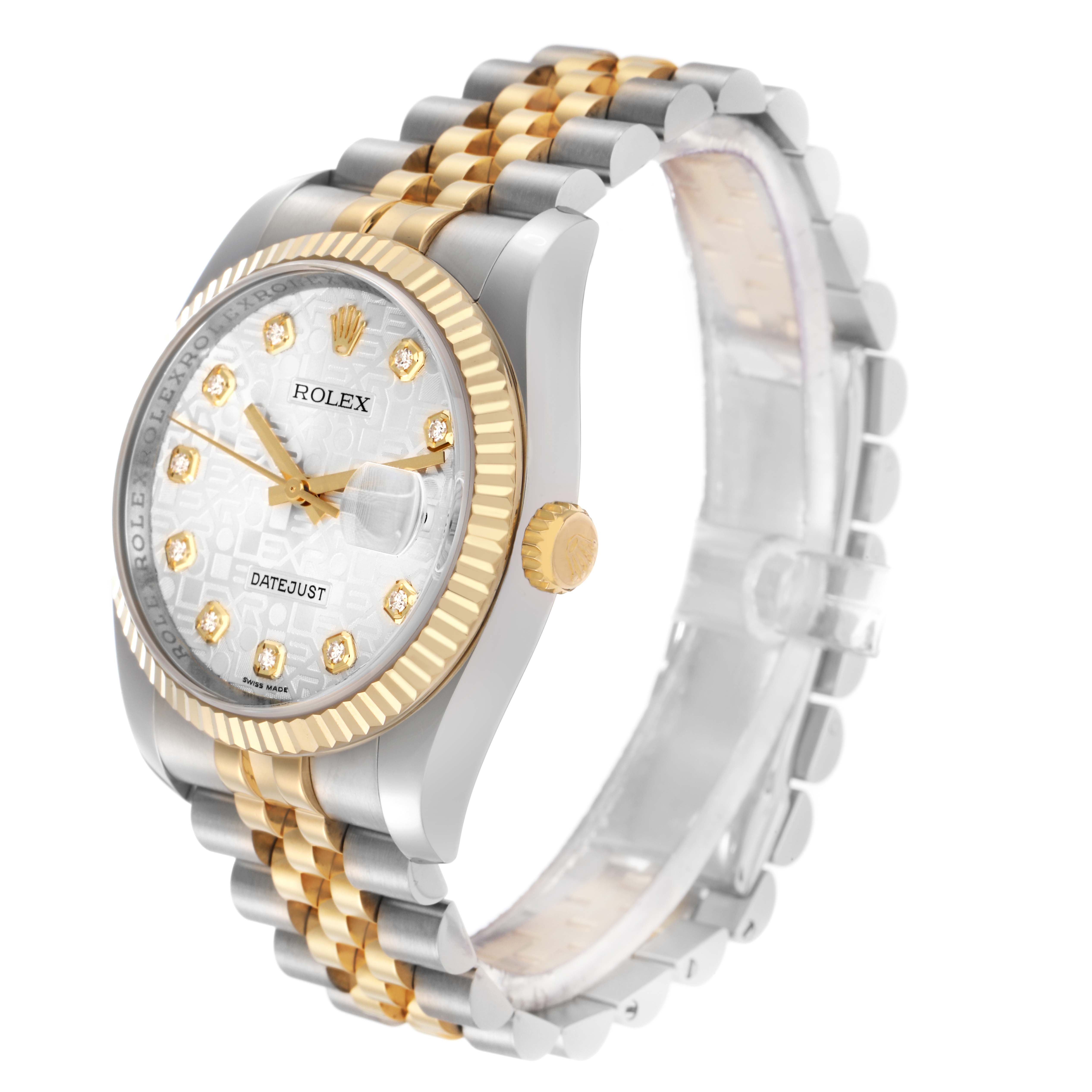 The Rolex Datejust model 116233 is shown at an angle highlighting its gold and silver bracelet, fluted bezel, diamond hour markers, and date function.