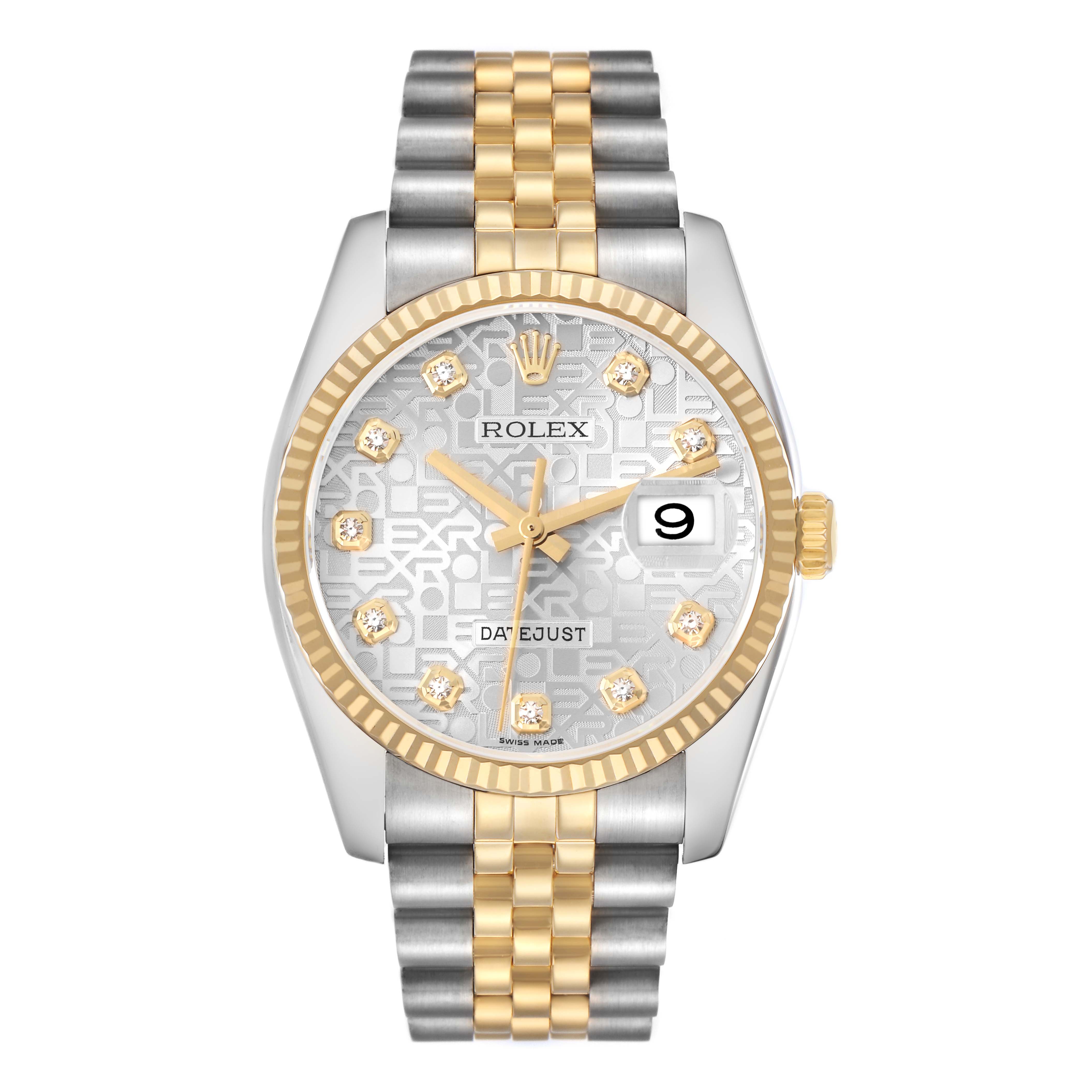 This image shows a Rolex Datejust model 116233 watch from a front angle, highlighting its dial, bezel, crown, and two-tone bracelet.