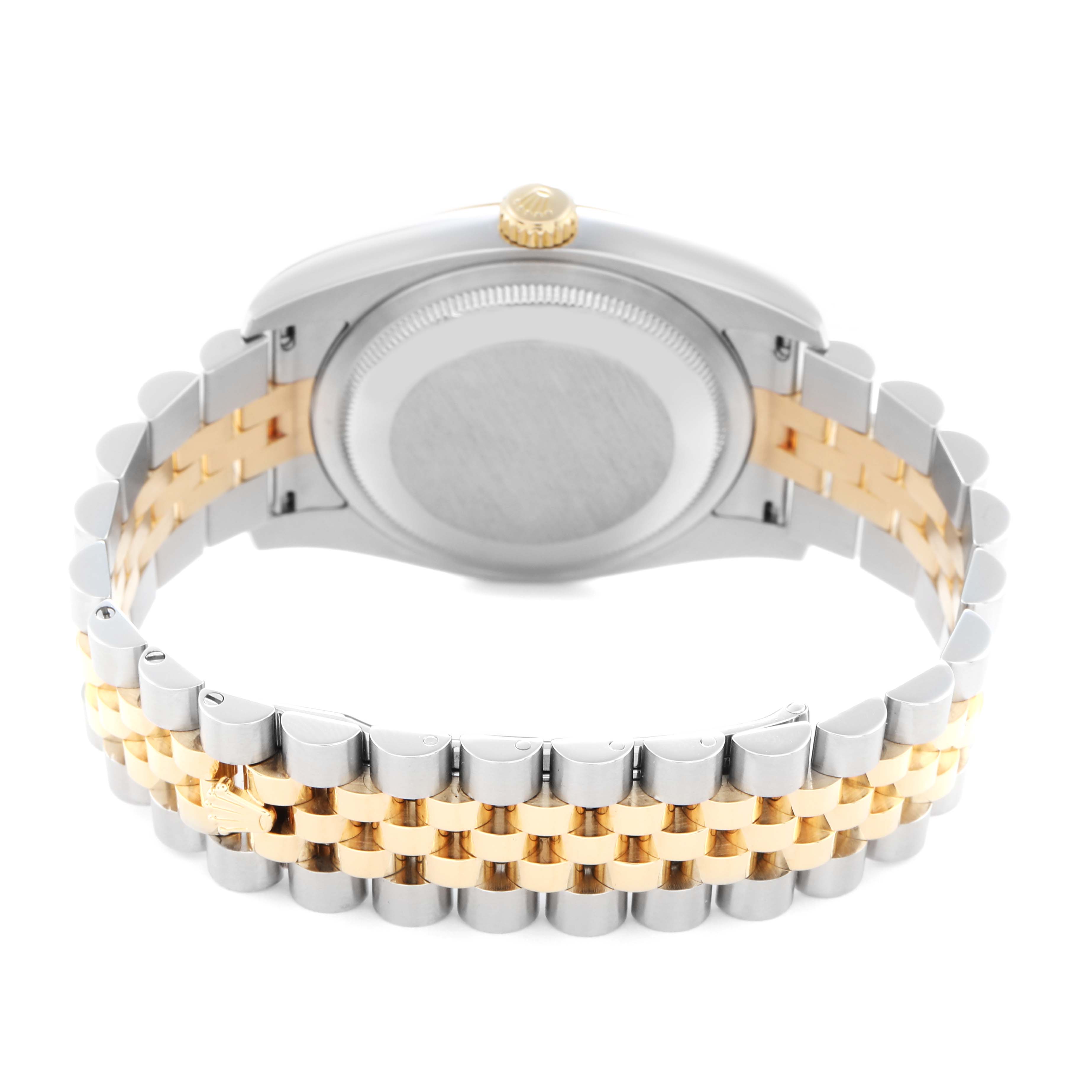 The image shows the back view of a Rolex Datejust model 116233 men's watch, highlighting the case back and two-tone bracelet.