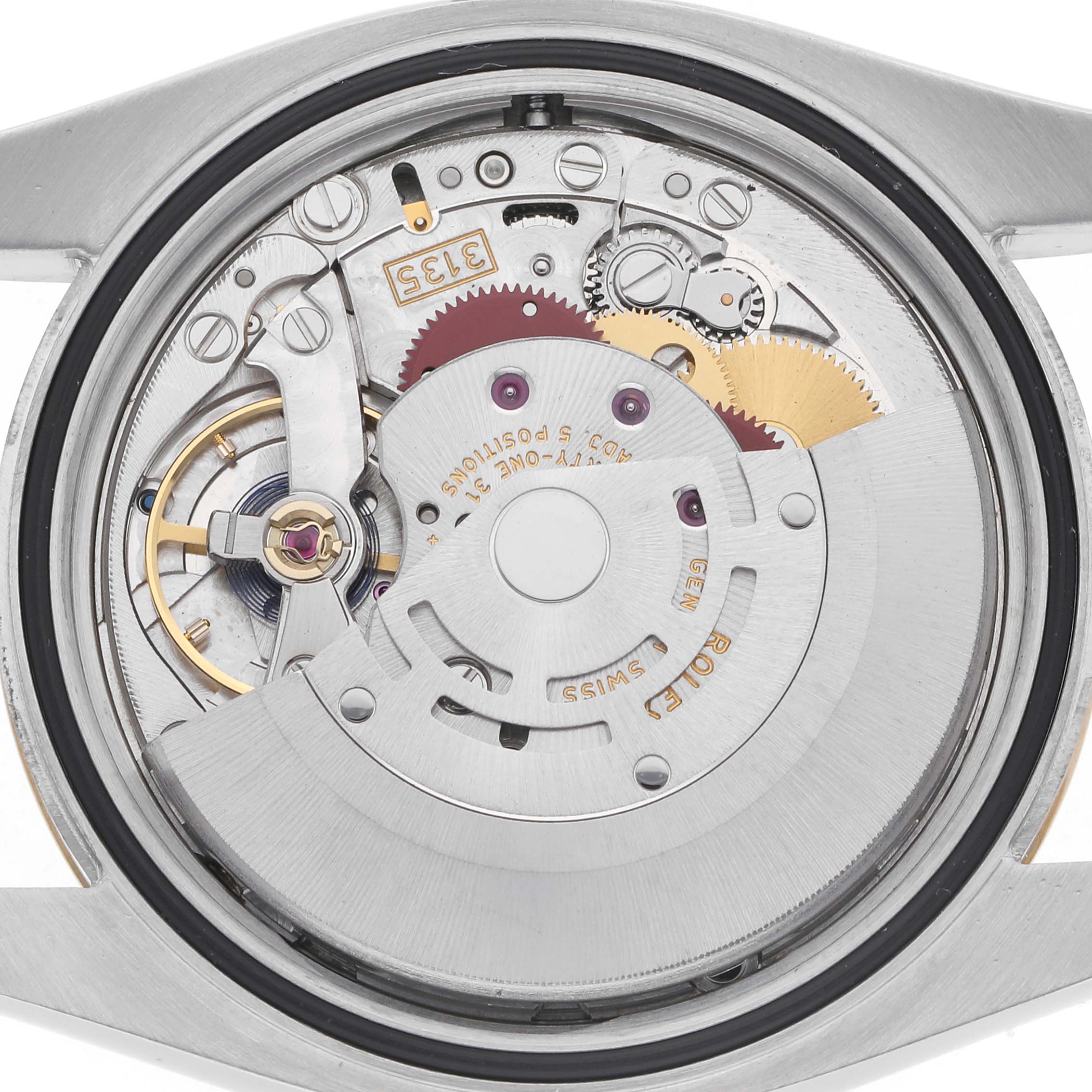 The image shows the inner movement mechanism of a Rolex Datejust model 116233 men's watch from a top-down perspective, featuring gears and intricate components.