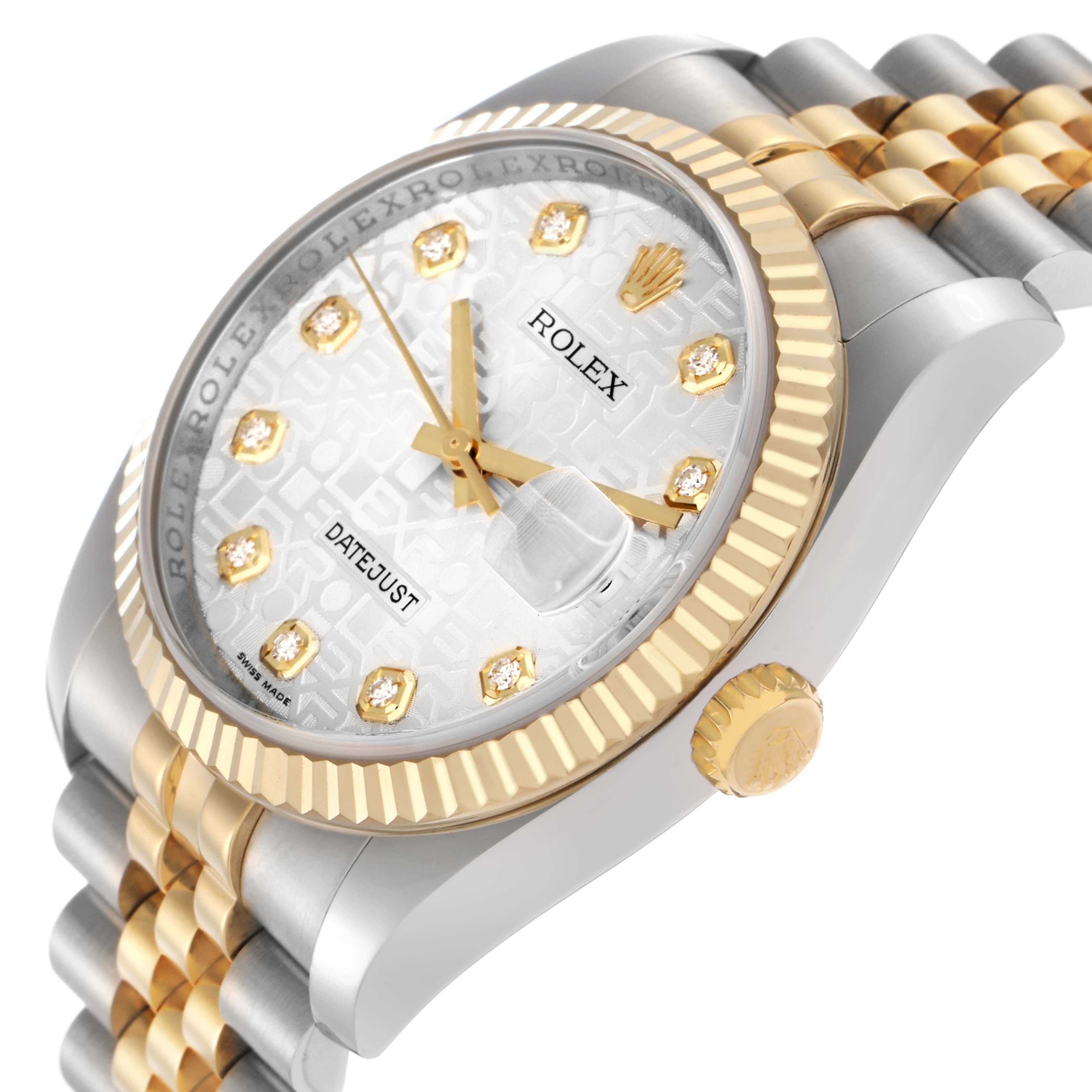 The image shows a Rolex Datejust model 116233 from a slightly angled side view, highlighting the watch face, crown, bezel, and part of the bracelet.