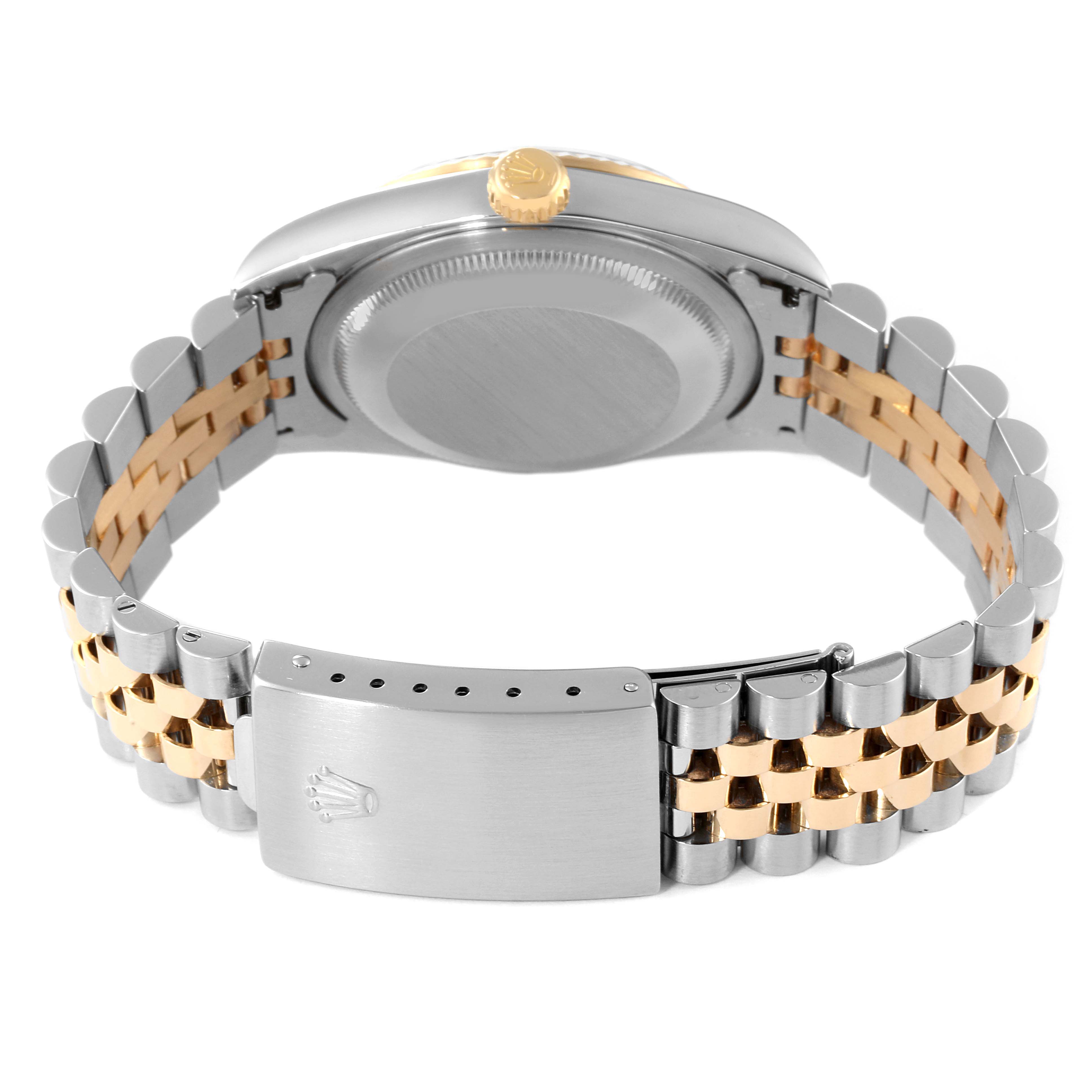 This image shows the back and clasp of a Rolex Datejust 16233 Men's Steel and Gold (two tone) Black Dial 16233 Men's Steel and Gold (two tone) Black Dial watch, highlighting the bracelet and case back.