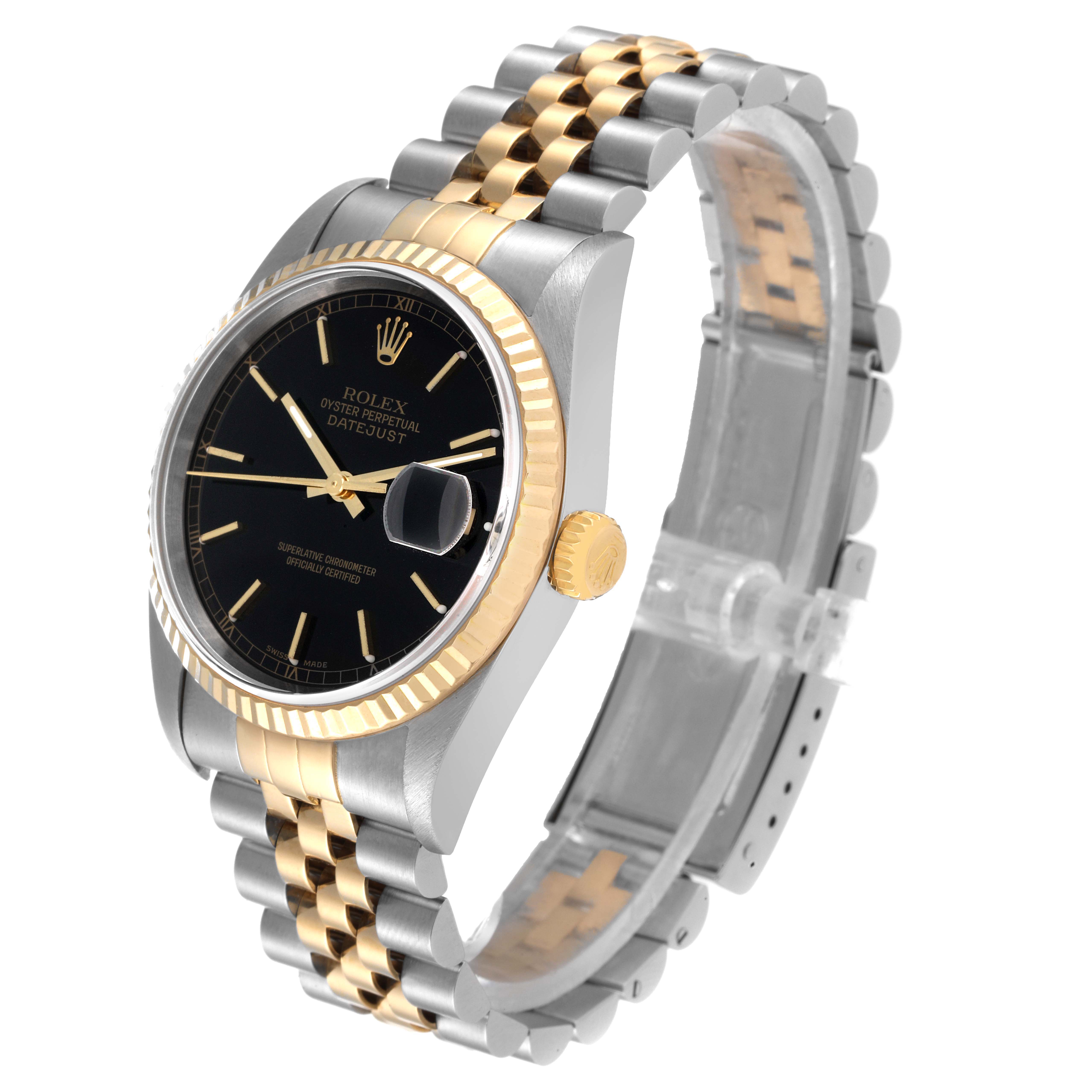This image shows a Rolex Datejust 16233 Men's Steel and Gold (two tone) Black Dial 16233 Men's Steel and Gold (two tone) Black Dial watch from a three-quarter angle, displaying the face, bracelet, and crown.
