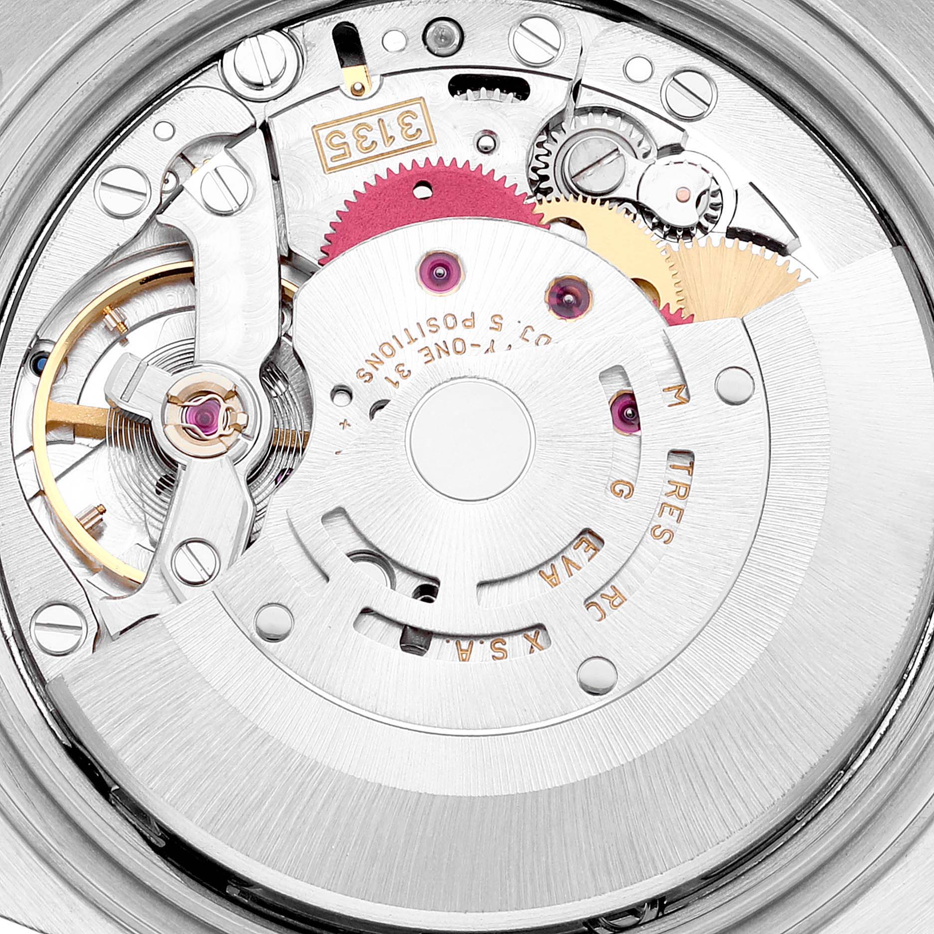 This image shows a close-up of the movement mechanism of a Rolex Datejust 16233 Men's Steel and Gold (two tone) Black Dial 16233 Men's Steel and Gold (two tone) Black Dial watch.