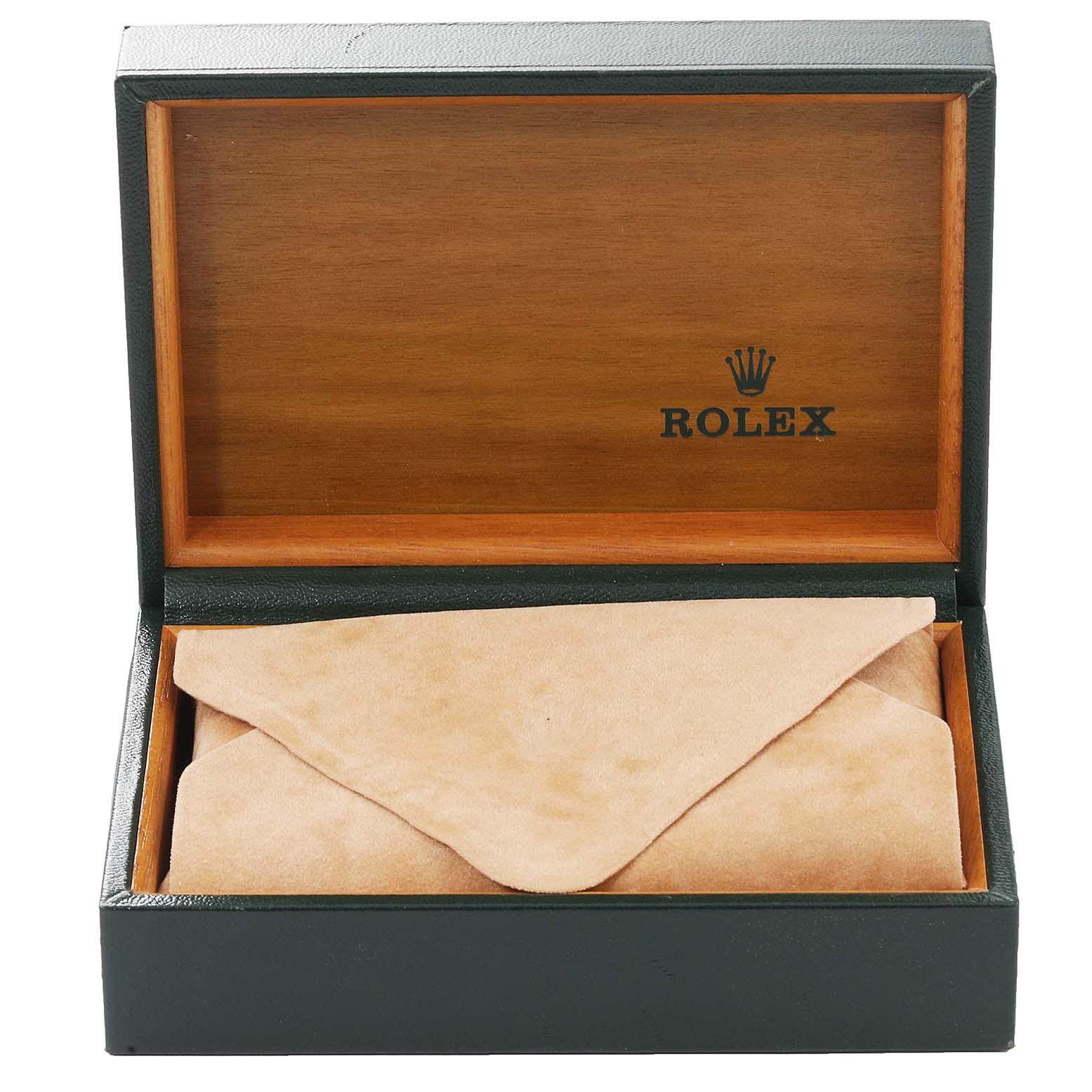 The image shows an open Rolex box for the Datejust model, with a cushioned cover inside.