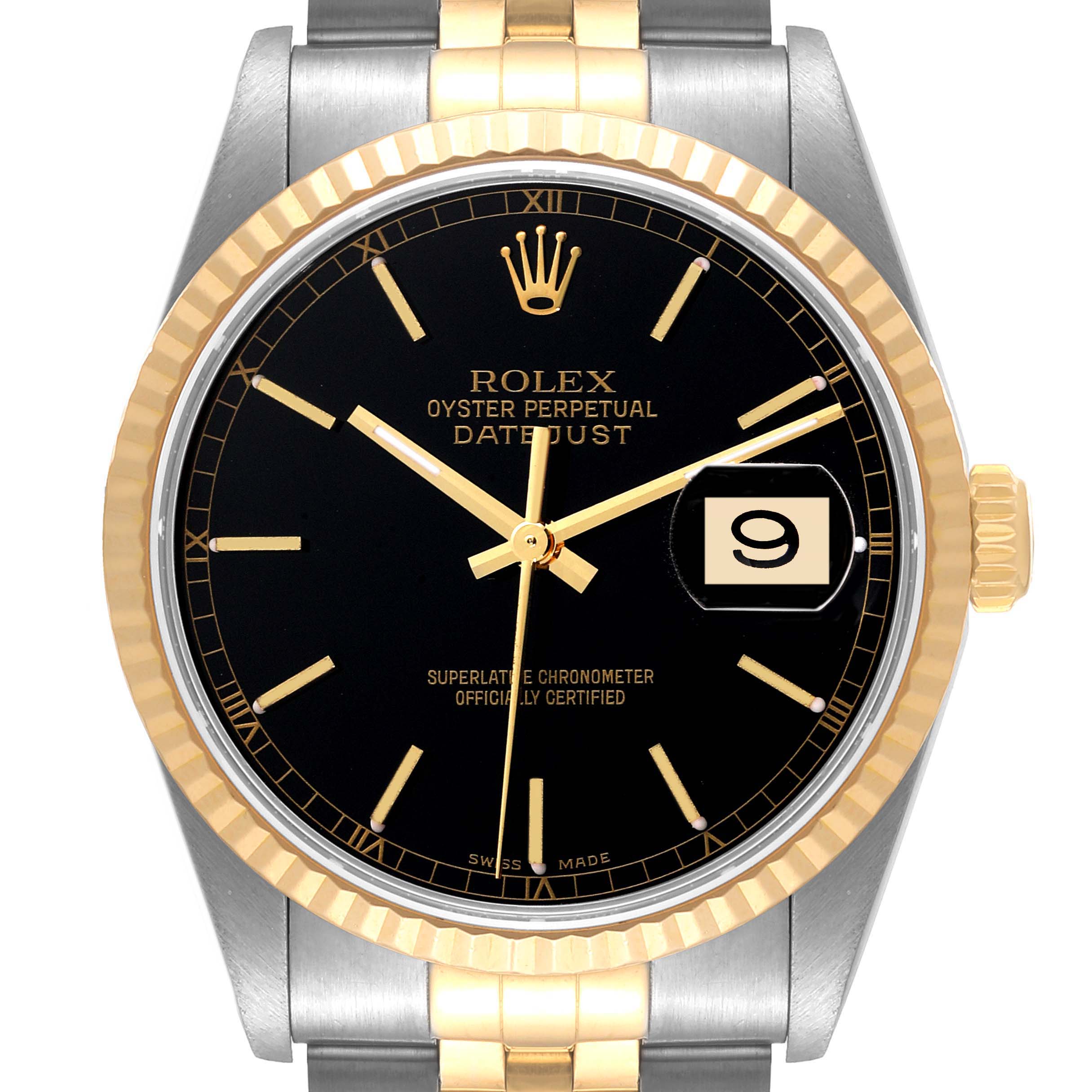 This image shows a front view of the Rolex Datejust 16233 Men's Steel and Gold (two tone) Black Dial 16233 Men's Steel and Gold (two tone) Black Dial watch, showcasing its black dial, fluted bezel, and date magnification.