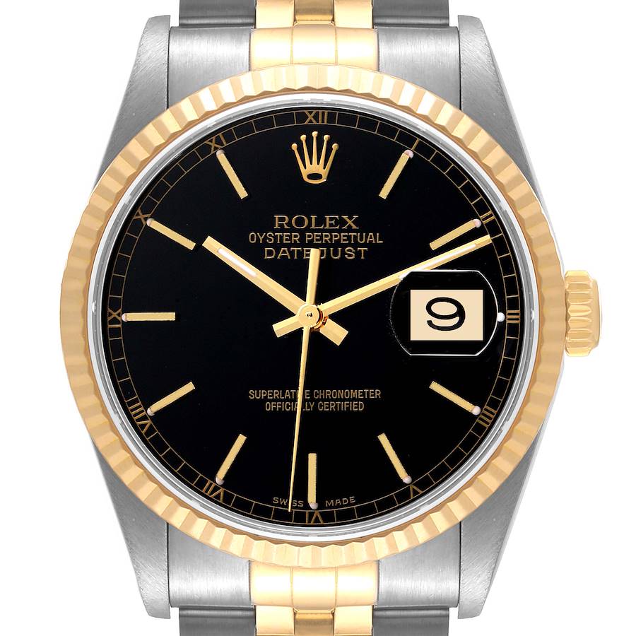 Rolex Datejust Steel Yellow Gold Black Baton Dial Mens Watch 16233 SwissWatchExpo