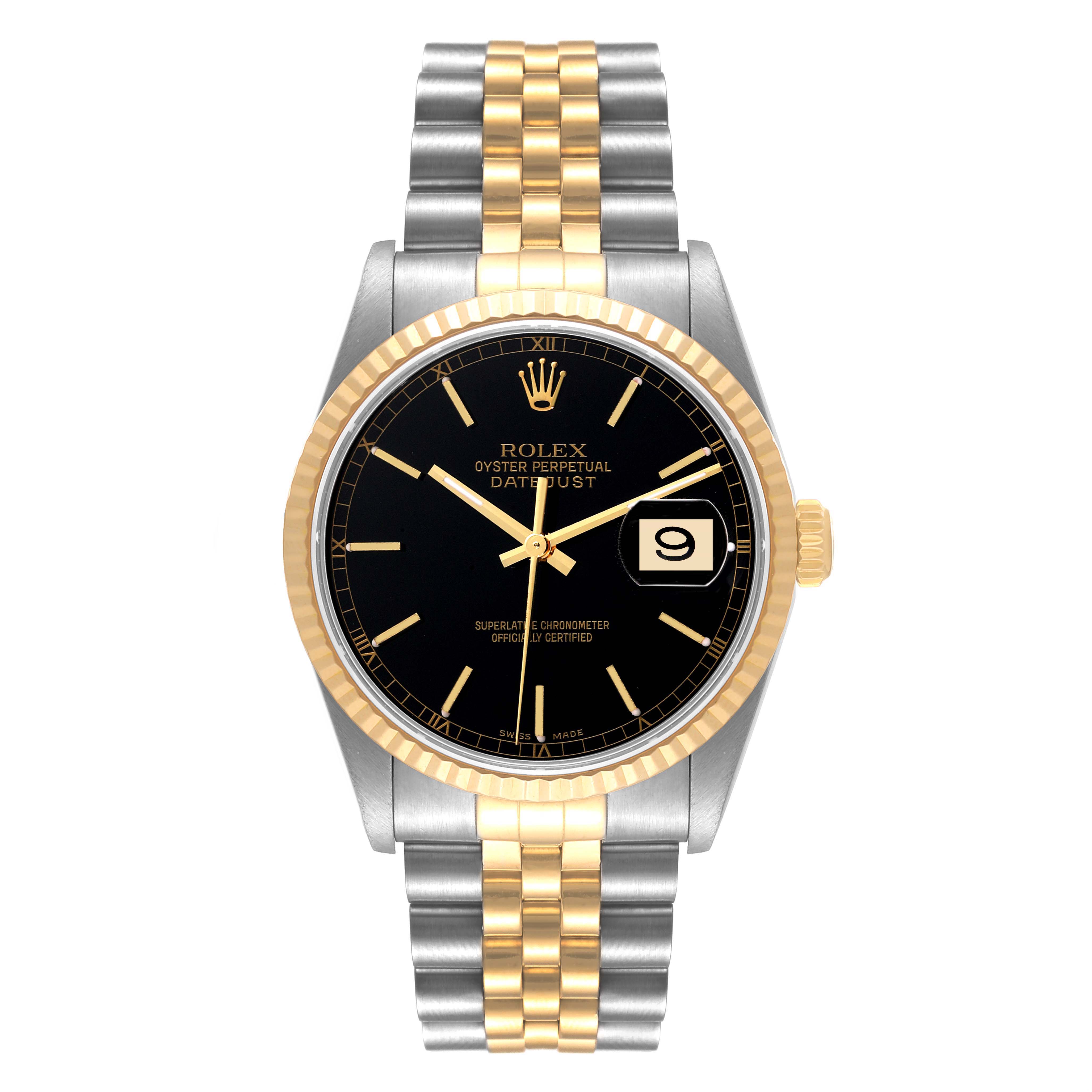 This image shows the Rolex Datejust 16233 Men's Steel and Gold (two tone) Black Dial 16233 Men's Steel and Gold (two tone) Black Dial watch from a front-facing angle, including the black dial, gold fluted bezel, and two-tone bracelet.