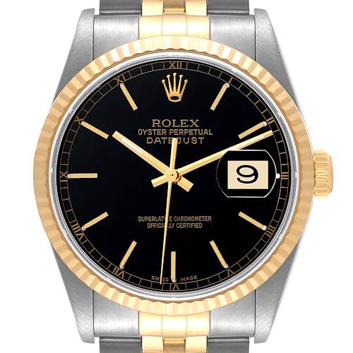 Photo of Rolex Datejust Steel Yellow Gold Black Baton Dial Mens Watch 16233