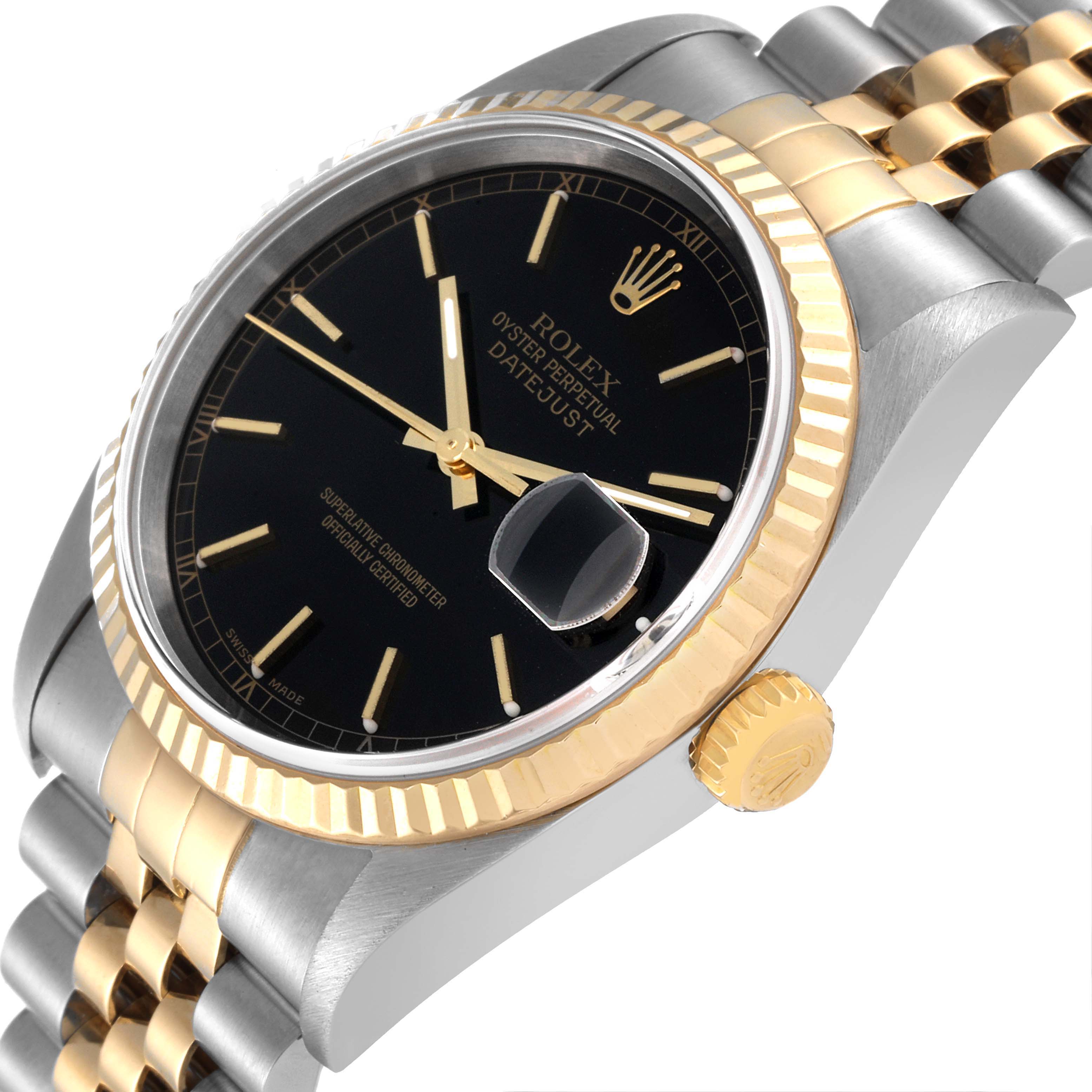The image shows a close-up view of the Rolex Datejust 16233 Men's Steel and Gold (two tone) Black Dial 16233 Men's Steel and Gold (two tone) Black Dial, highlighting its black dial, gold bezel, and two-tone bracelet.