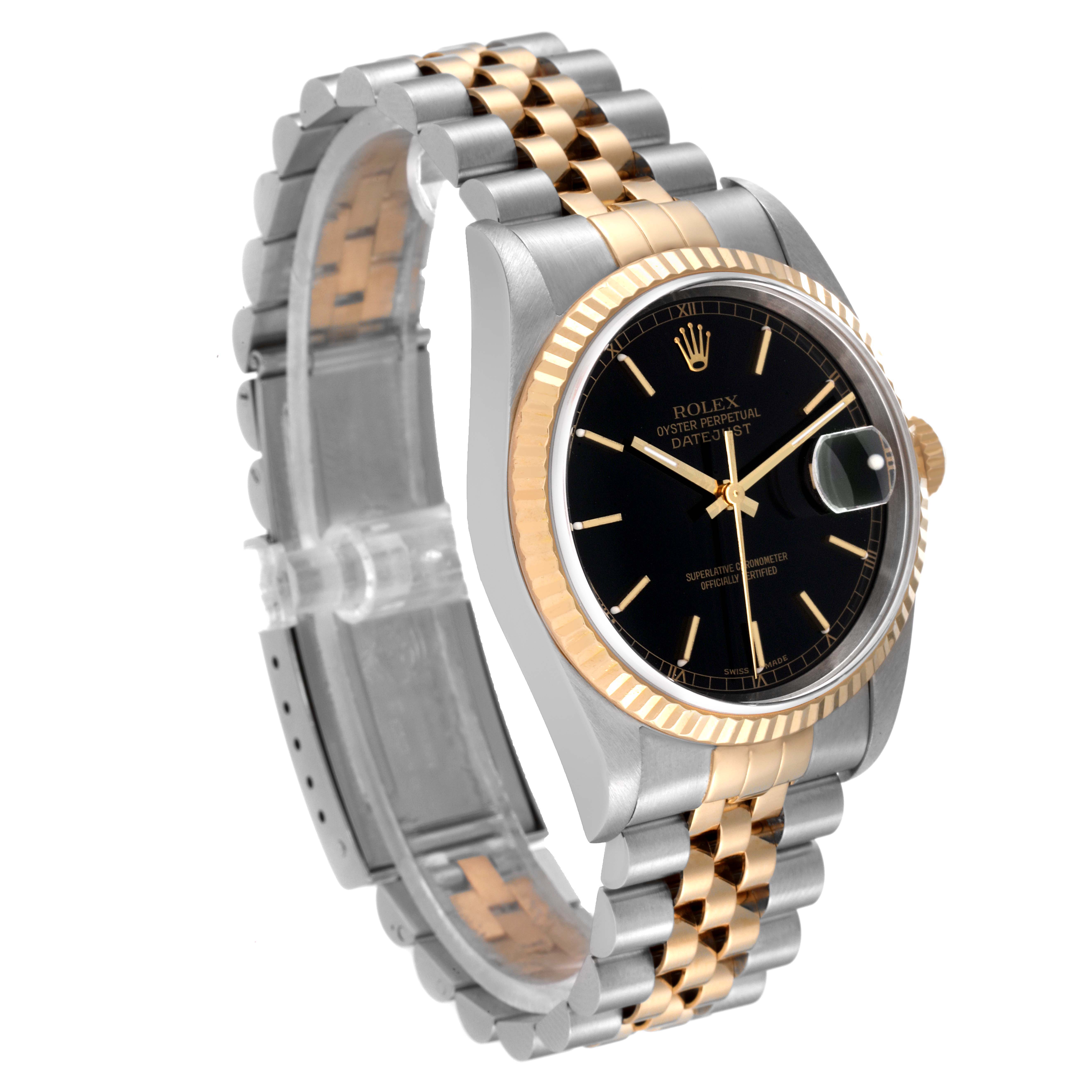 This image shows a side angle of the Rolex Datejust 16233 Men's Steel and Gold (two tone) Black Dial 16233 Men's Steel and Gold (two tone) Black Dial watch featuring a two-tone bracelet, black dial, and gold fluted bezel.