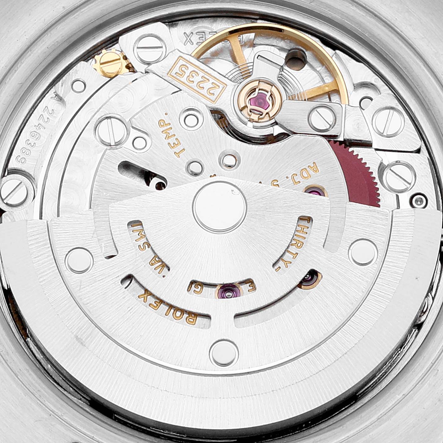 This image shows the inner mechanical parts of a Rolex Datejust 179173 Women's Steel and Gold (two tone) Champagne Dial 179173 Women's Steel and Gold (two tone) Champagne Dial watch, focusing on the movement mechanism.