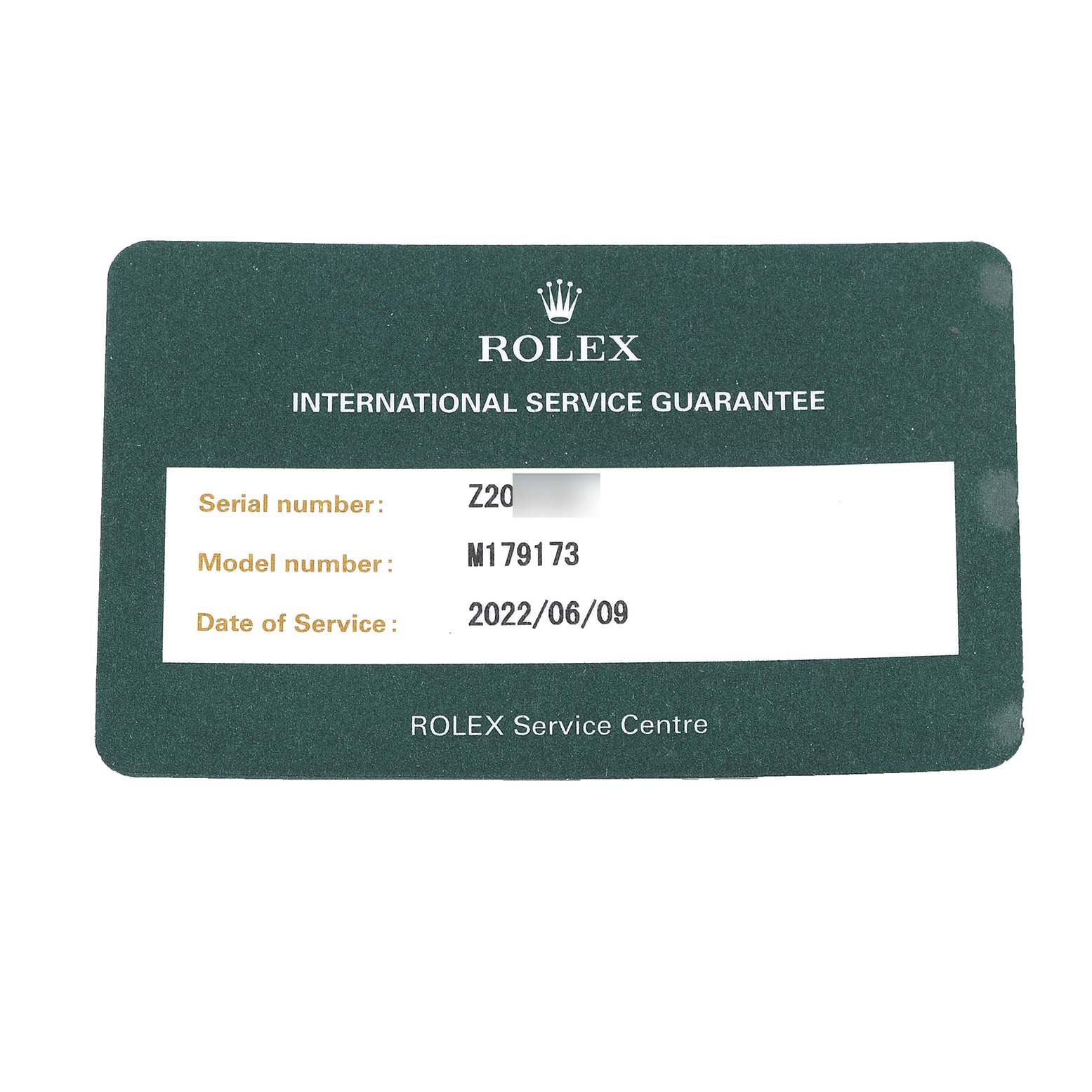 The image shows an international service guarantee card for the Rolex Datejust 179173 Women's Steel and Gold (two tone) Champagne Dial 179173 Women's Steel and Gold (two tone) Champagne Dial model.