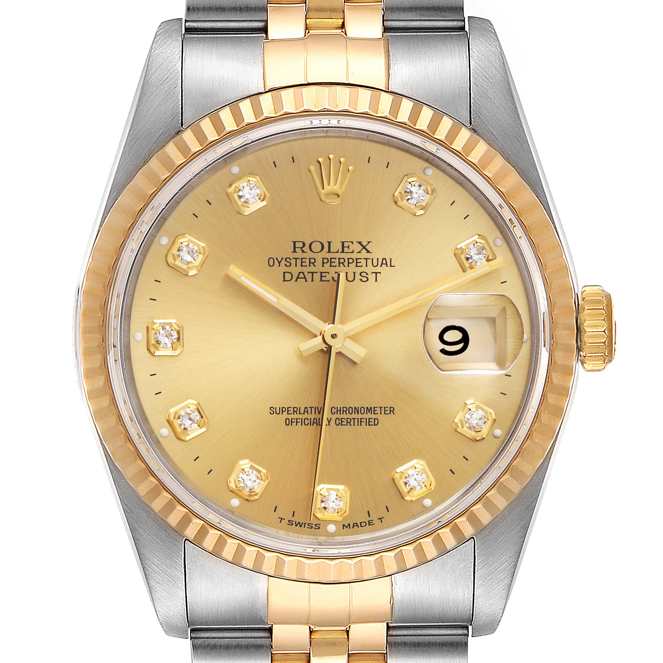 This image shows a close-up of a Rolex Datejust 16233 Men's Steel and Gold (two tone) Champagne Dial 16233 Men's Steel and Gold (two tone) Champagne Dial watch, highlighting its face, bezel, and part of the bracelet.