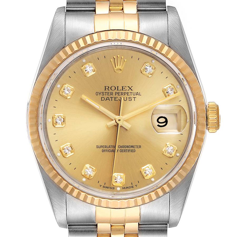 Rolex Datejust Steel Yellow Gold Champagne Diamond Dial Mens Watch 16233 SwissWatchExpo