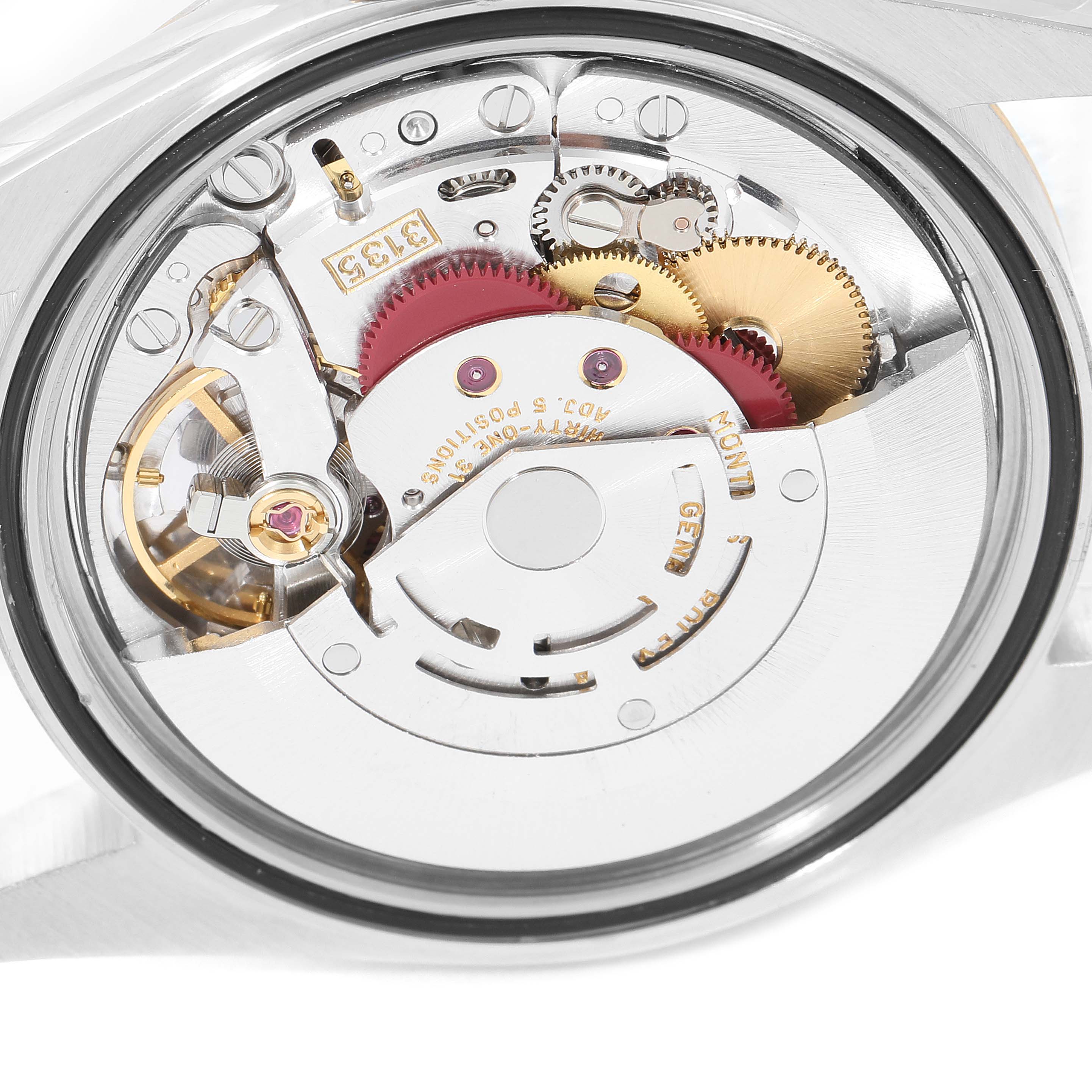 This image shows the internal movement mechanism of a Rolex Datejust 16233 Men's Steel and Gold (two tone) Champagne Dial 16233 Men's Steel and Gold (two tone) Champagne Dial watch from a rear, close-up angle.