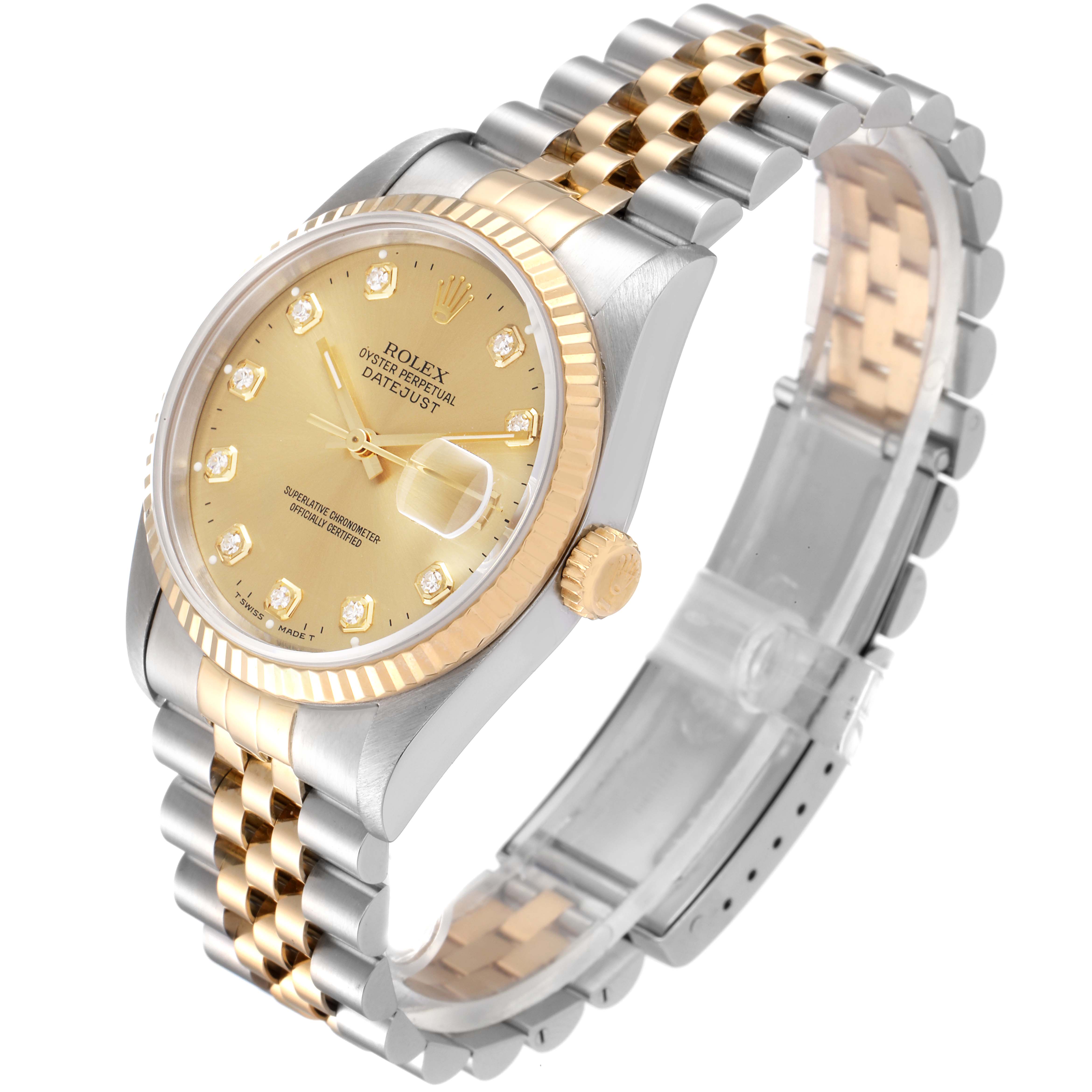 This image shows a Rolex Datejust 16233 Men's Steel and Gold (two tone) Champagne Dial 16233 Men's Steel and Gold (two tone) Champagne Dial model watch at a left-angled view, displaying the face, bezel, crown, and bracelet.
