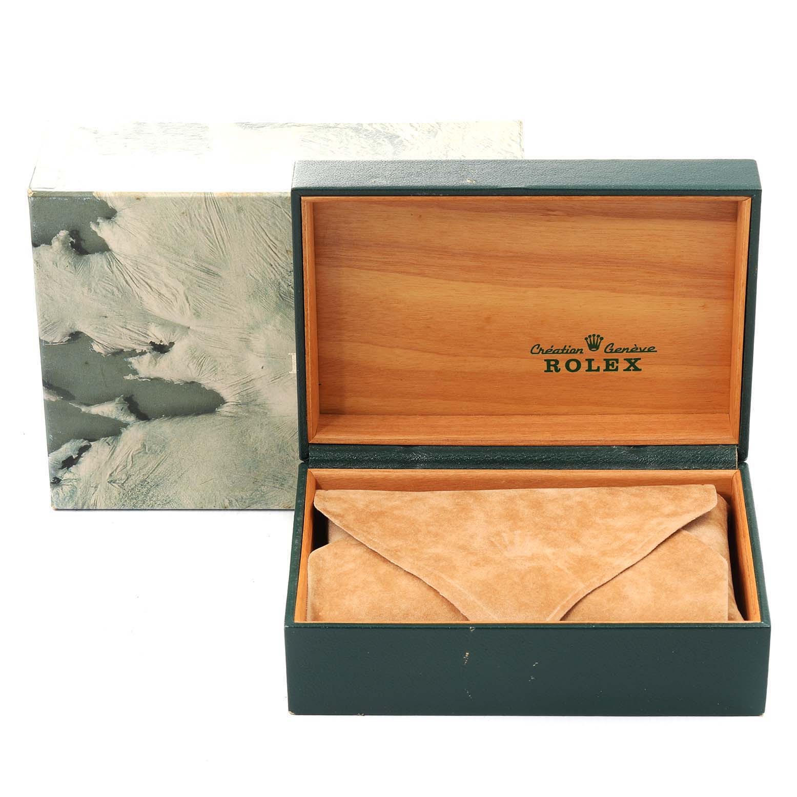 The image shows the open box and protective pouch for a Rolex Datejust 16233 Men's Steel and Gold (two tone) Champagne Dial 16233 Men's Steel and Gold (two tone) Champagne Dial watch.