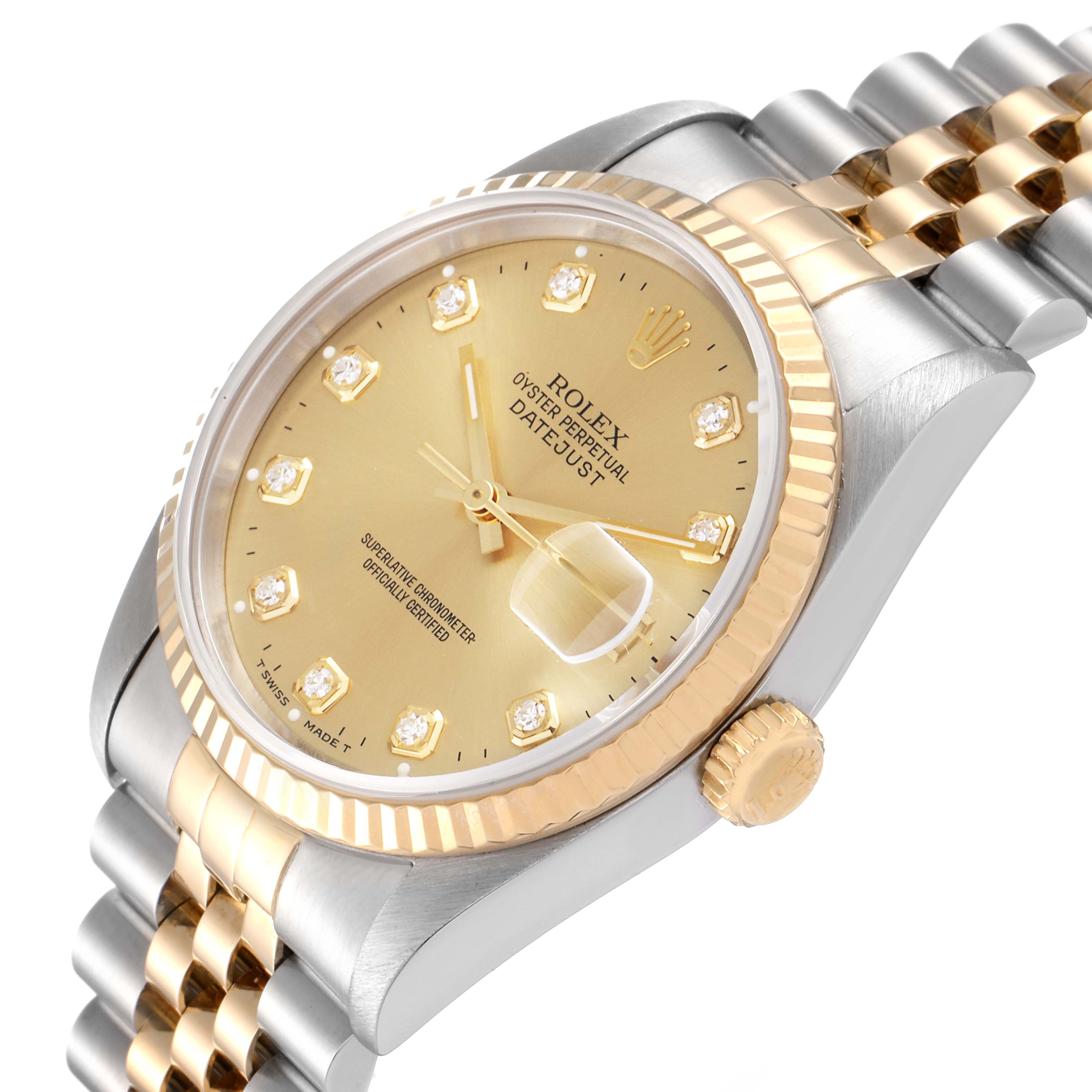 This image shows a close-up side angle of the Rolex Datejust 16233 Men's Steel and Gold (two tone) Champagne Dial 16233 Men's Steel and Gold (two tone) Champagne Dial watch, highlighting its gold bezel, crown, and jubilee bracelet.