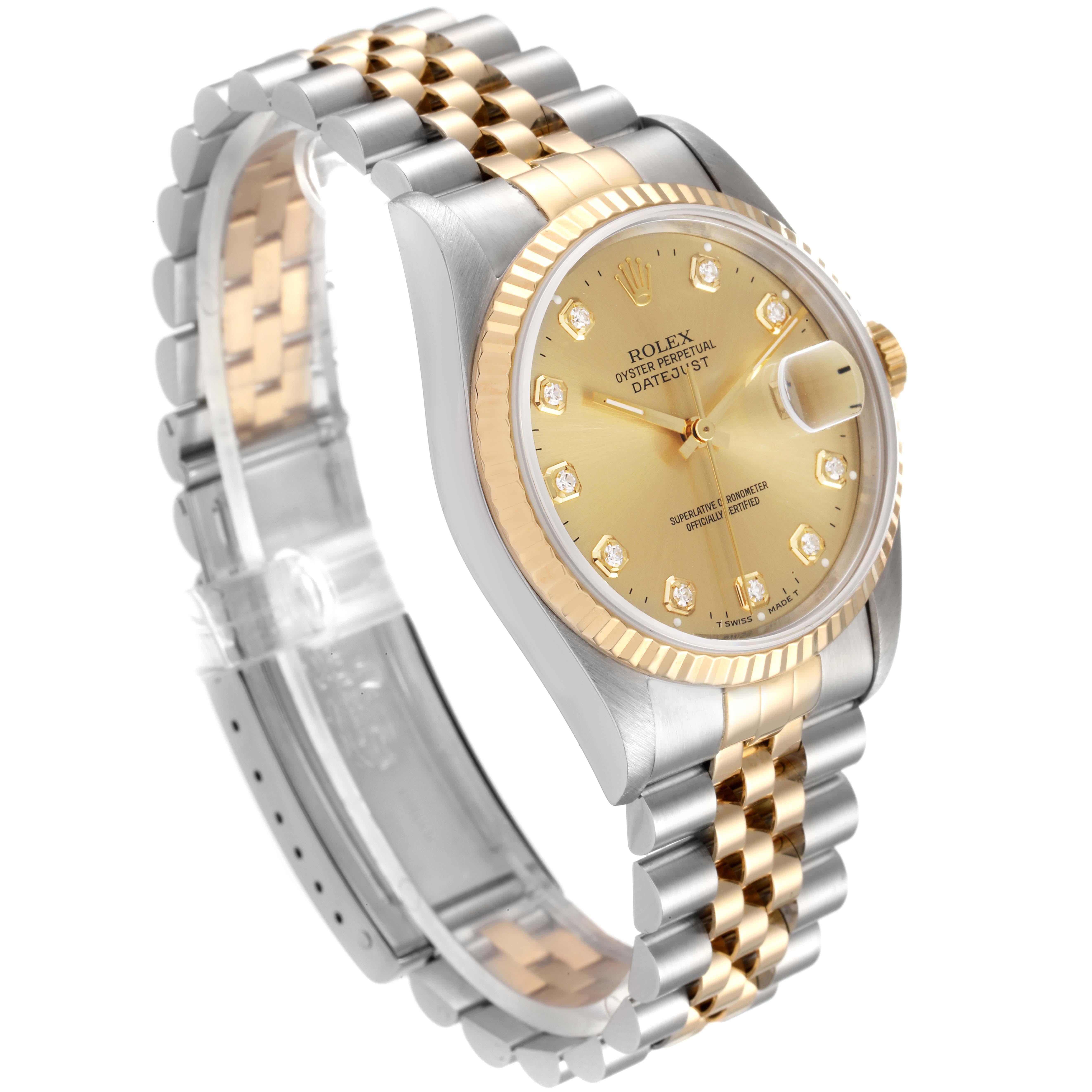 This image showcases a Rolex Datejust 16233 Men's Steel and Gold (two tone) Champagne Dial 16233 Men's Steel and Gold (two tone) Champagne Dial watch at an angle, highlighting its dial, bezel, and two-tone bracelet.
