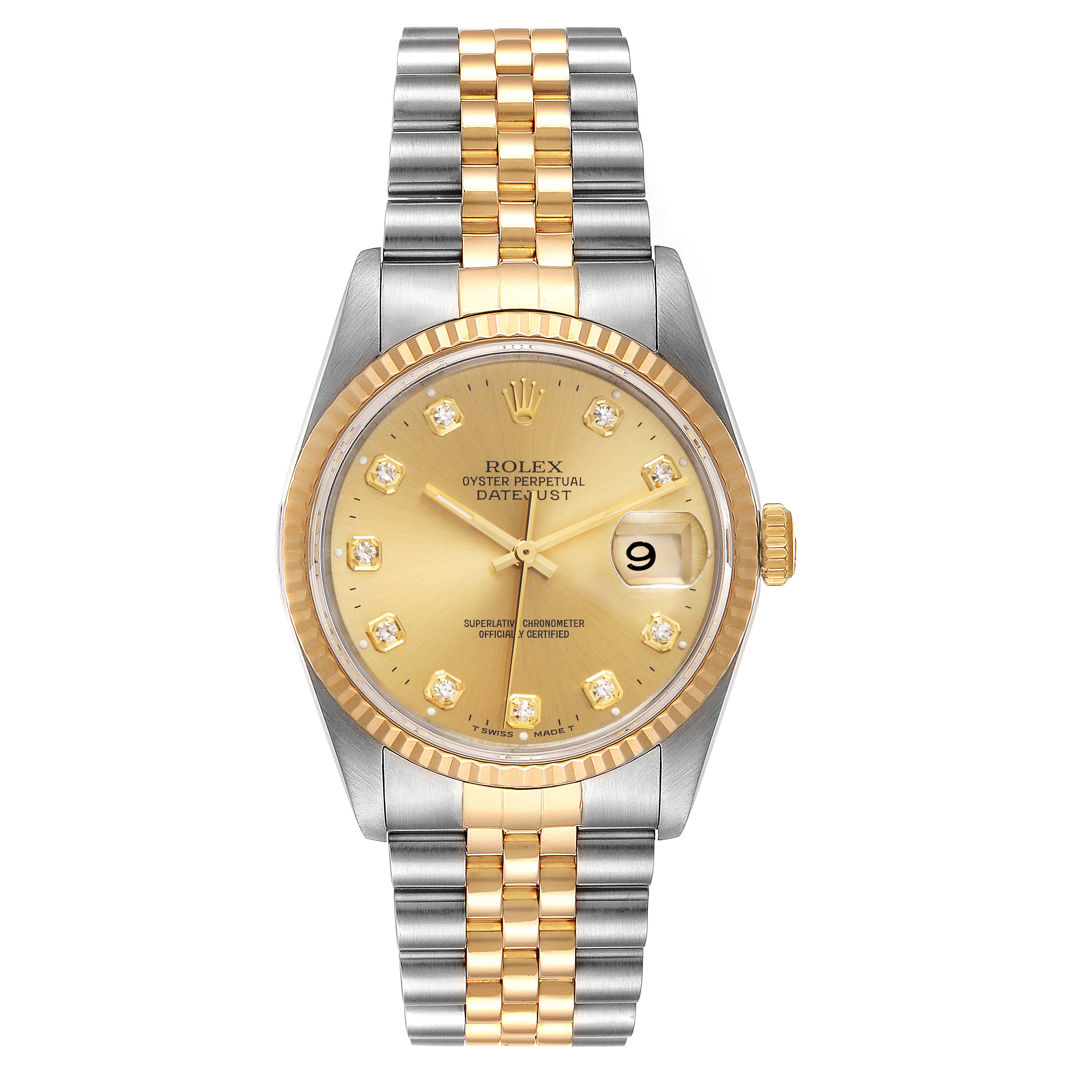 This image shows a front view of a Rolex Datejust 16233 Men's Steel and Gold (two tone) Champagne Dial 16233 Men's Steel and Gold (two tone) Champagne Dial watch, highlighting its gold dial, bezel, and two-tone bracelet.