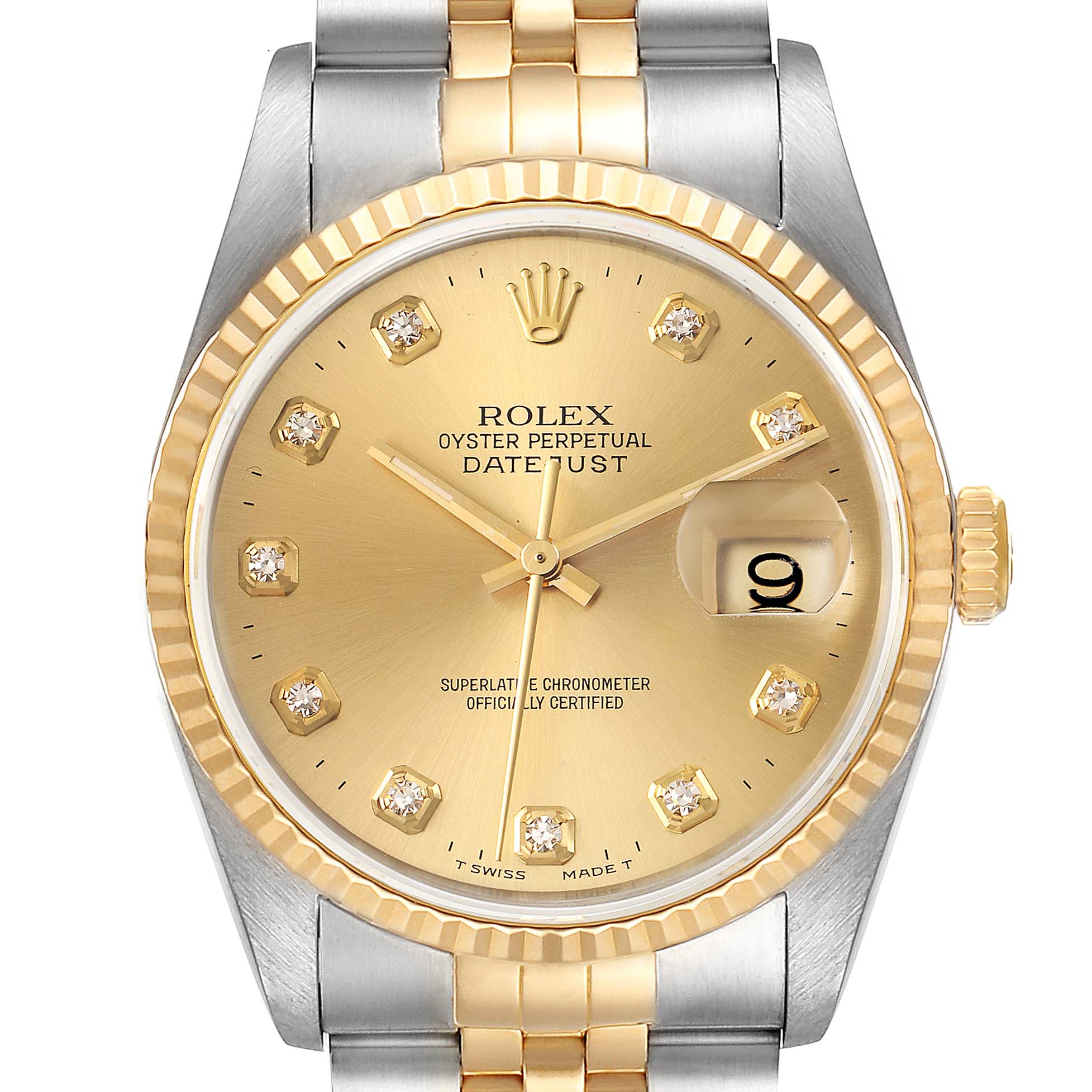 The image shows a front angle of the Rolex Datejust 16233 Men's Steel and Gold (two tone) Champagne Dial 16233 Men's Steel and Gold (two tone) Champagne Dial watch, highlighting its dial, crown, bezel, and bracelet.