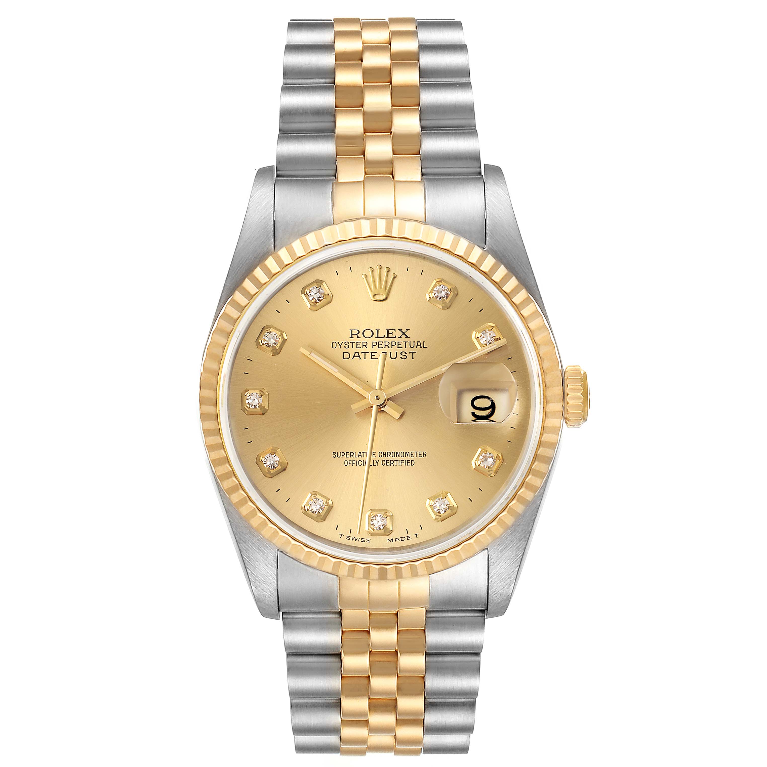 This image shows a front view of a Rolex Datejust 16233 Men's Steel and Gold (two tone) Champagne Dial 16233 Men's Steel and Gold (two tone) Champagne Dial watch featuring a gold dial, two-tone bracelet, date window, and diamond hour markers.