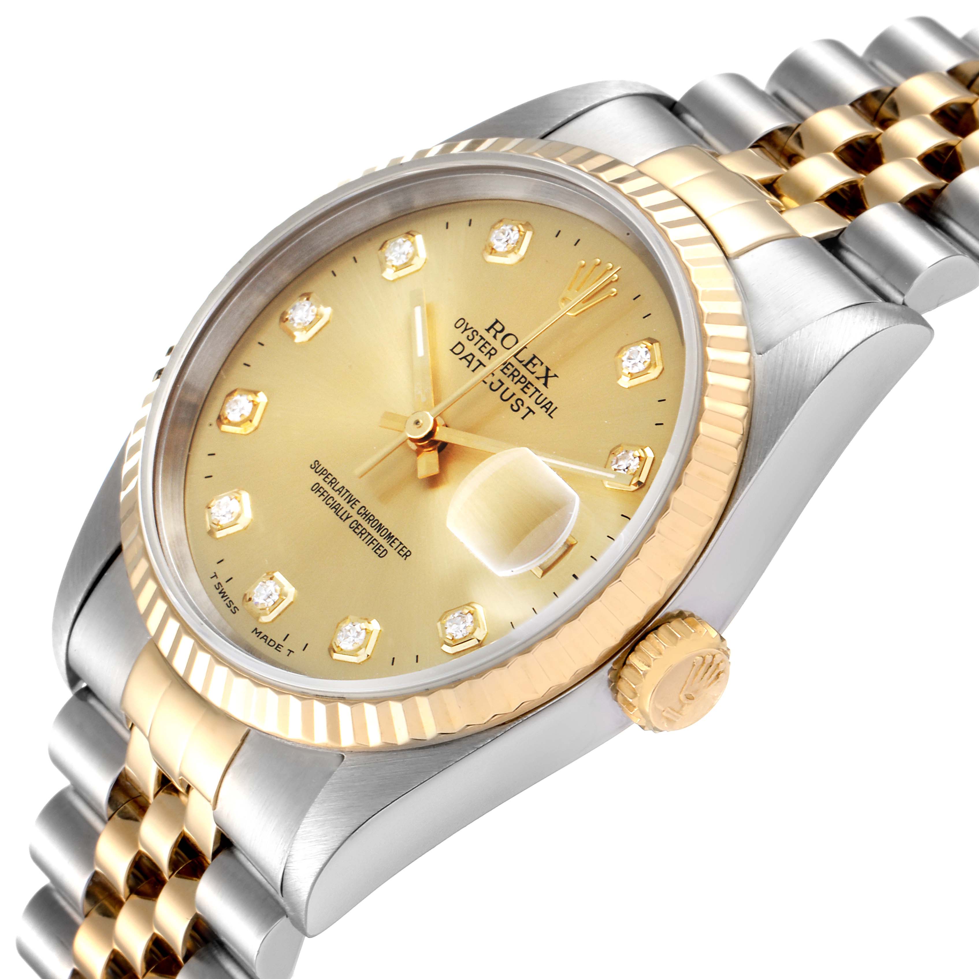 The image shows a close-up angle of a Rolex Datejust 16233 Men's Steel and Gold (two tone) Champagne Dial 16233 Men's Steel and Gold (two tone) Champagne Dial watch, highlighting the dial, bezel, crown, and part of the bracelet.